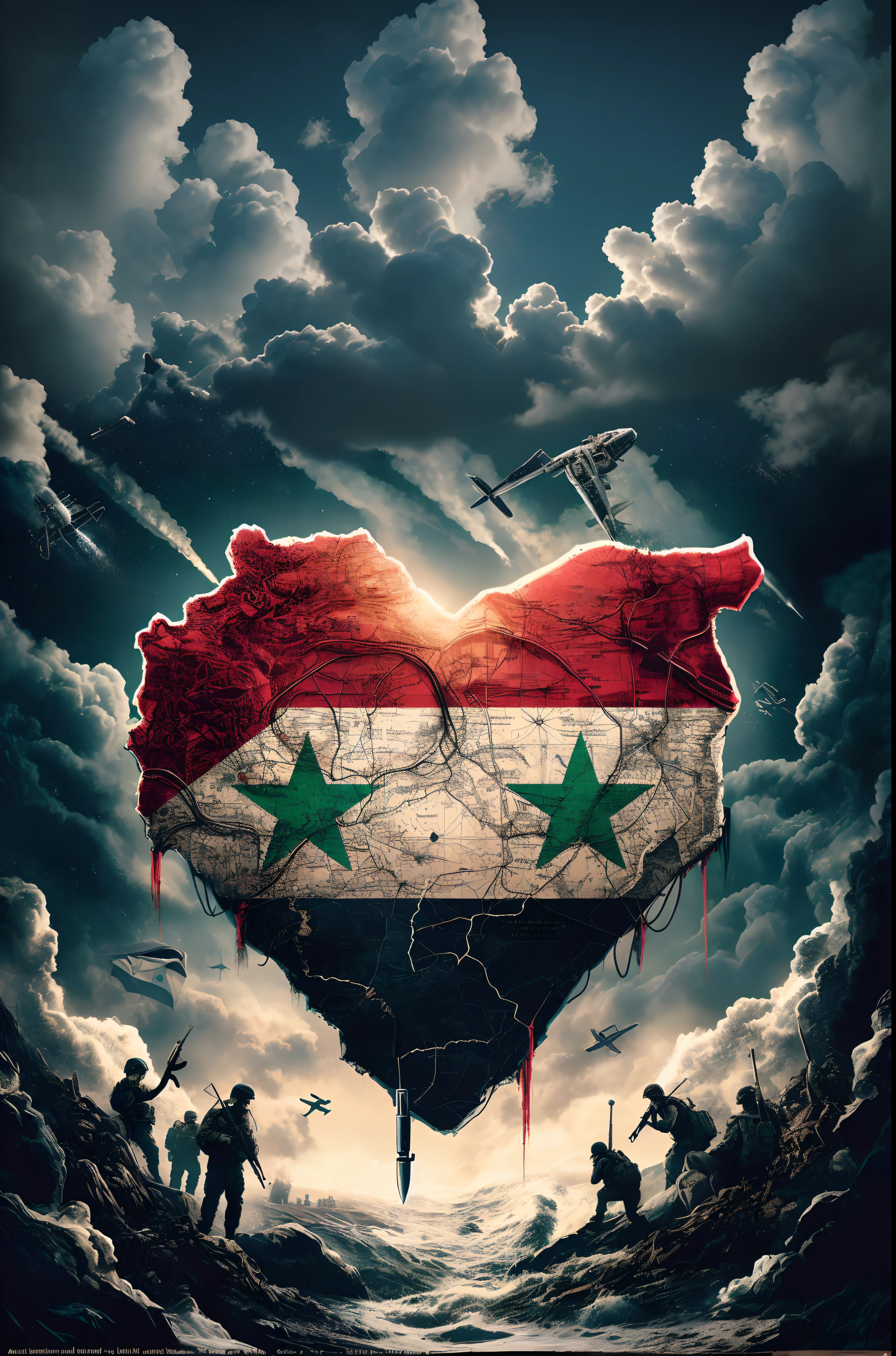 a war theme very cloudy sky, poster design, adventure art, book cover, highly detailed