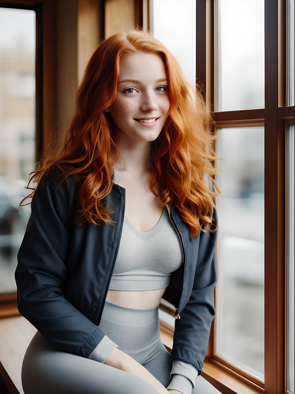 (1girl in, 19, Solo, Aesthetic artwork, irish redhead, wavy ginger hair, shoulder length ginger hair, light grey eyes, some small freckles, smiling, pale skin, A-cup, small breasts, runners body, (textured skin, skin pores:1.1), (moles:0.8), imperfect skin, goosebumps, wearing dark gray open fall jacket, wearing navy blue leggings, in a cozy coffee shop, blury background, (action shot, sitting at window: 1.25), (extremely detailed 8k wallpaper), (hard lighting), high quality, film grain, Fujifilm XT3 sharp focus, f 5.6, 50mm, High Detail, Sharp focus, (natural light), crazy details, complex details, hyperdetailed