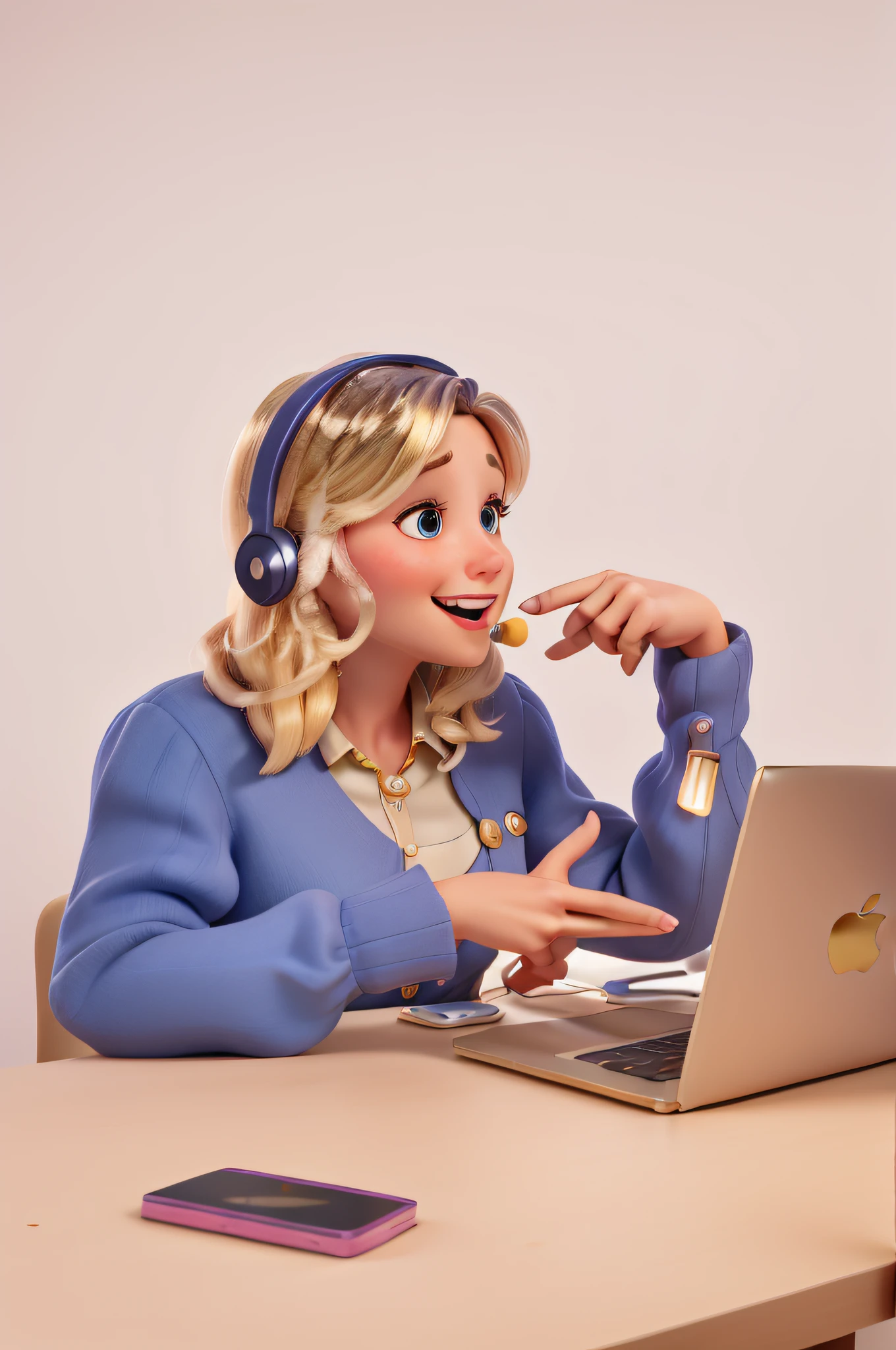Blonde Speech Therapist with fair skin doing Speech Therapy online with pink Gold mac, high quality Disney pixar style image