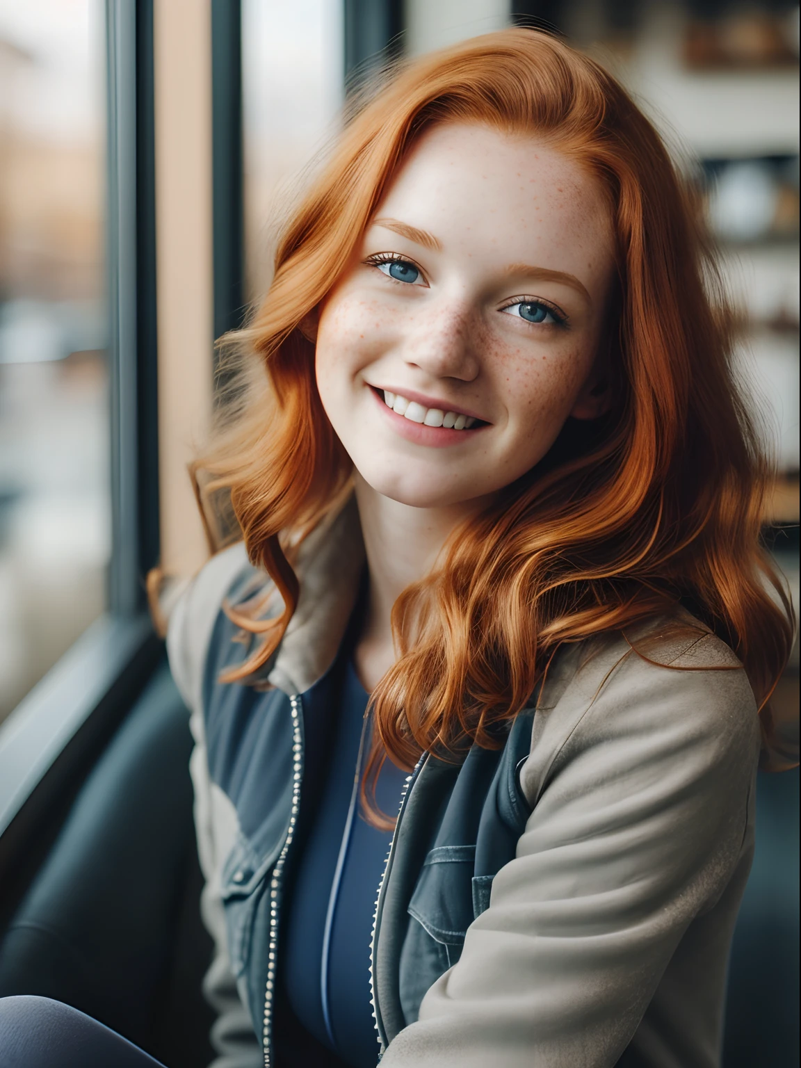 (1girl in, ***19, Solo, Aesthetic artwork, irish redhead, wavy ginger hair, shoulder length ginger hair, light grey eyes, some small freckles, smiling, pale skin, A-cup, small breasts, runners body, (textured skin, skin pores:1.1), (moles:0.8), imperfect skin, goosebumps, wearing dark gray open fall jacket, wearing navy blue leggings, in a cozy coffee shop, blury background, (action shot, sitting at window: 1.25), (extremely detailed 8k wallpaper), (hard lighting), high quality, film grain, Fujifilm XT3 sharp focus, f 5.6, 50mm, High Detail, Sharp focus, (natural light), crazy details, complex details, hyperdetailed