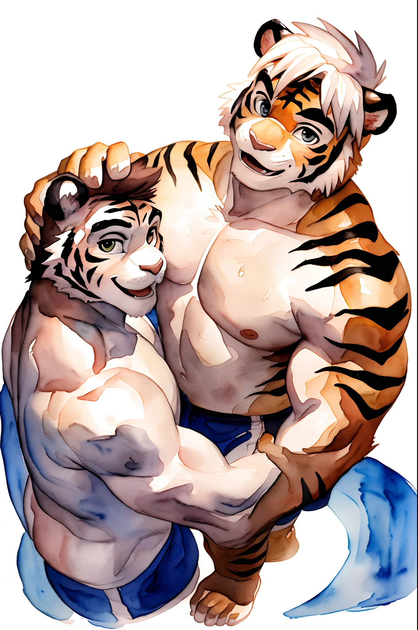Hominidae, Pose for Camera. 4K, high resolution, Best quality, posted on e621, (Two anthropomorphic tigers:1.2), Anthropomorphic tiger, male people, 20yr old, Thick eyebrows, Orange stripes, shaggy, Strong body, large pecs, ((Shirtless)), They together, Pink milk clusters, sweat leggs, On the pitch, (sport, Muscular, Heavyweight:1.2), Correct anatomy, (White background, Watercolor background:1.1), (by Chunie, author：Taran Fidler:0.8), (Detailed eyes:1.2), Sexy, (cel-shaded:1.2), cartoon shading, (aquarelle:1.2), having fun, Be red in the face, (view the viewer:1.2), Look ahead