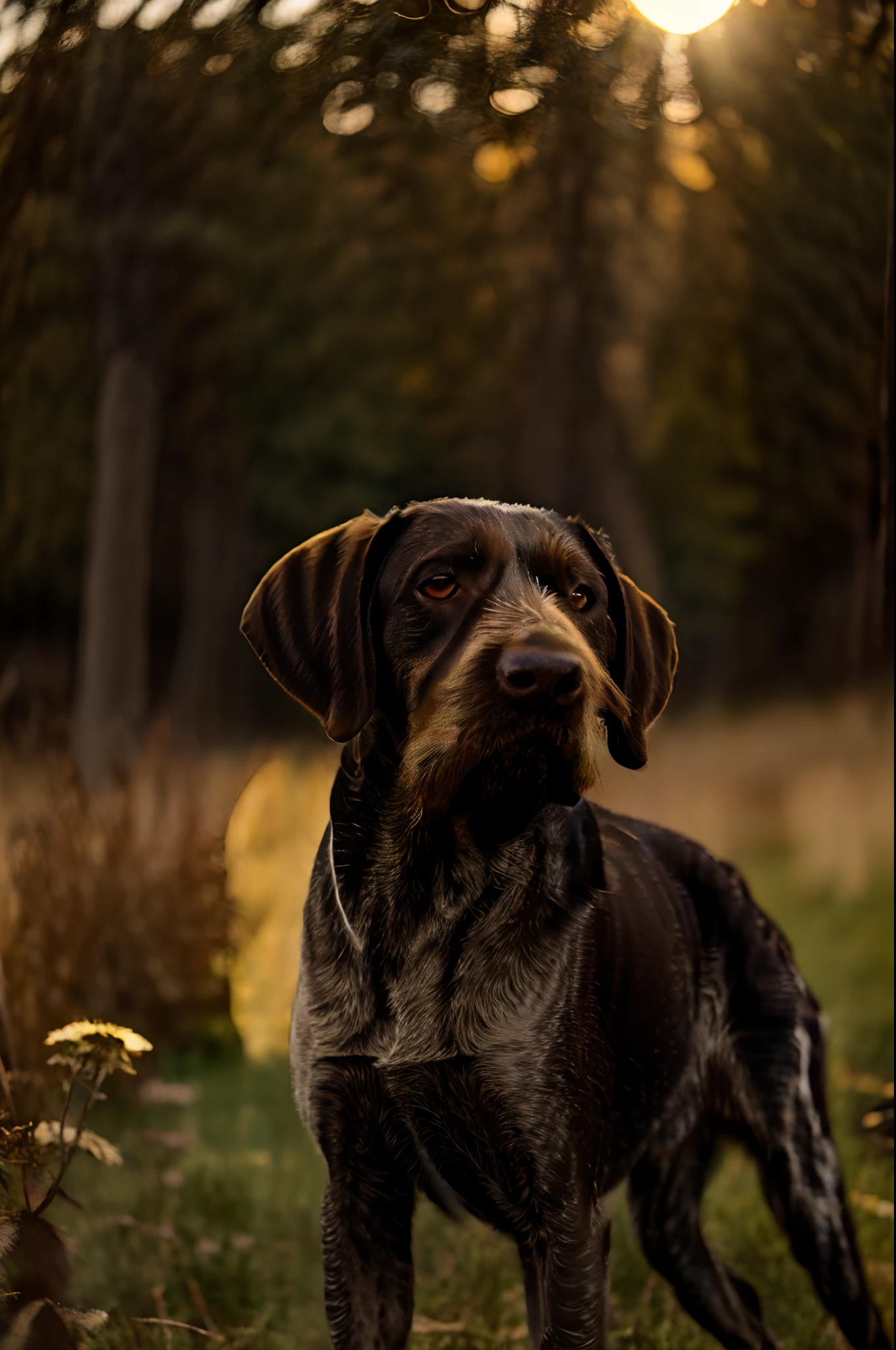 paparazzi photo of a drahthaar dog, looking at viewer, the dog runs in a green meadow, the sun is shining in the blue sky, lens flare, 8k, daylight