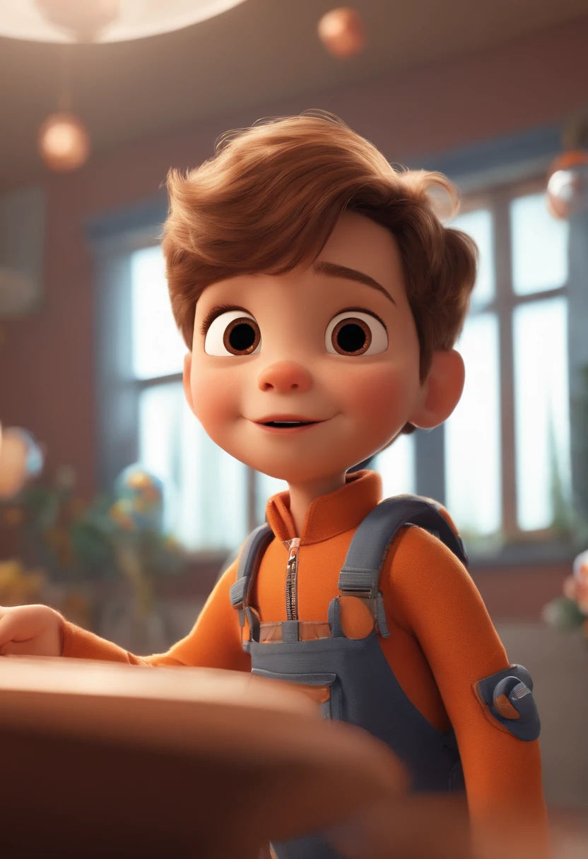 a happy cute kid standing short hair, vestindo uma fantasia espacial, , fundo branco, barnet, Tom, Estilo Pixar, ....3d, desenhos animados, rosto detalhado, asymmetrical 16k