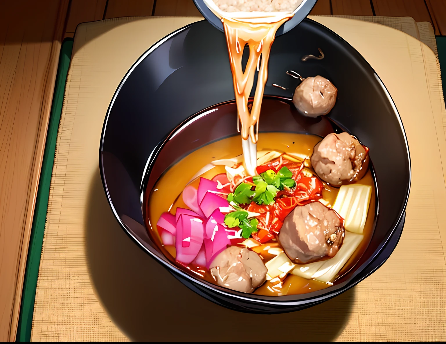 There was a bowl of food,There are beef balls and pho in it,Pour over the beef bone broth, Illustration of the national tide style of delicious beef balls and pho, Throw pho and beef meatballs, daopao, competition winning, Eating noodles, Noodles, inspired by Tan Ting-pho, Ramen, award - winning shot, award-winning shot, Juhe, delicacy, very tasty, in style of thawan duchanee, Eat pho