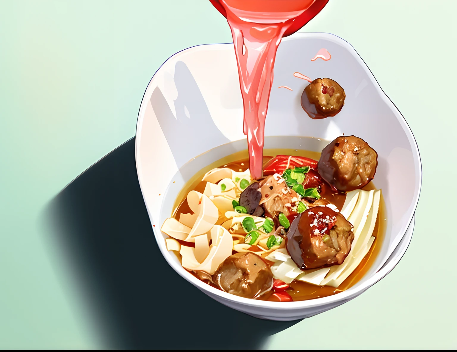 There was a bowl of food，There are beef balls and pho in it，Pour over the beef bone broth, Illustrations of delicious beef balls and pho in a national fashion, Throw pho and beef meatballs, daopao, competition winning, Eating noodles, Noodles, inspired by Tan Ting-pho, award - winning shot, award-winning shot, Juhe, delicacy, very tasty, In the style of national fashion illustrations