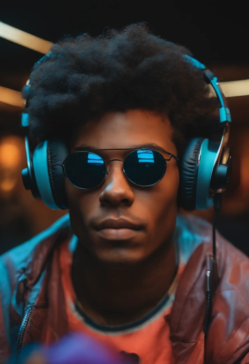 Um jovem negro de cabelos crespo baixinho no com barbicha em baixo do queixo jogando video game playstation 5 com headset