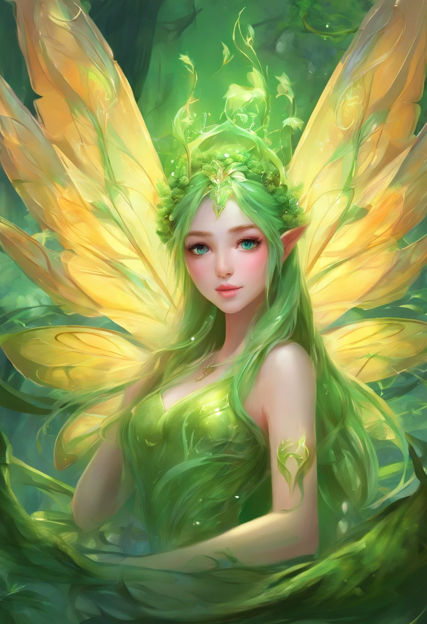 (Masterpiece, Best quality, Ultra-detailed, Best Illustration:1.4), 1 Little Fairy, The wings of the little fairy,(Slime girl:1.3),(See-through:1.5)afloat,Green wind ,Silk fabric,(refractions,Reflection:1.2) , Transparent skin, sunshine day,ln the forest