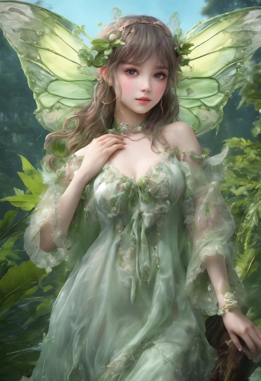 (Masterpiece, Best quality, Ultra-detailed, Best Illustration:1.4), 1 Little Fairy, The wings of the little fairy,(Slime girl:1.3),(See-through:1.5)afloat,Green wind ,Silk fabric,(refractions,Reflection:1.2) , Transparent skin, sunshine day,ln the forest