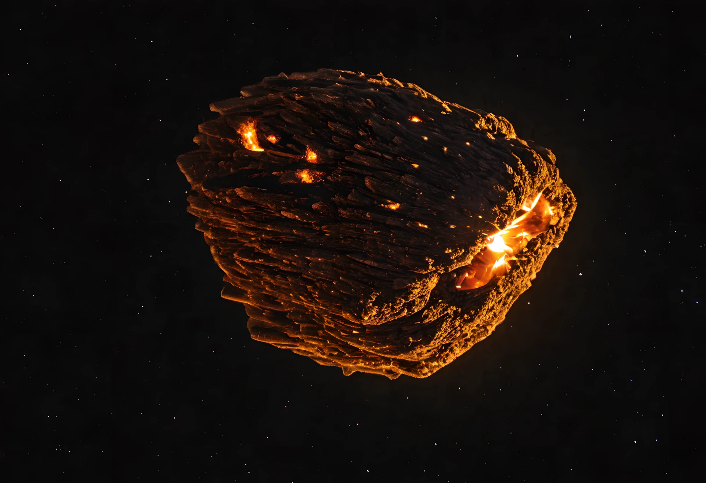 Photography featuring a close-up of a meteor, intricately shaped like a dog's head, hurtling through the night sky. The meteor's surface glistens with a fiery glow, revealing its celestial origins. The photograph is captured from a high angle, showcasing the intricate details of the meteor's canine features. The lighting is dramatic, with the meteor casting an otherworldly illumination on its surroundings. This visually striking image combines the beauty of the cosmos with a playful twist, capturing the imagination of viewers