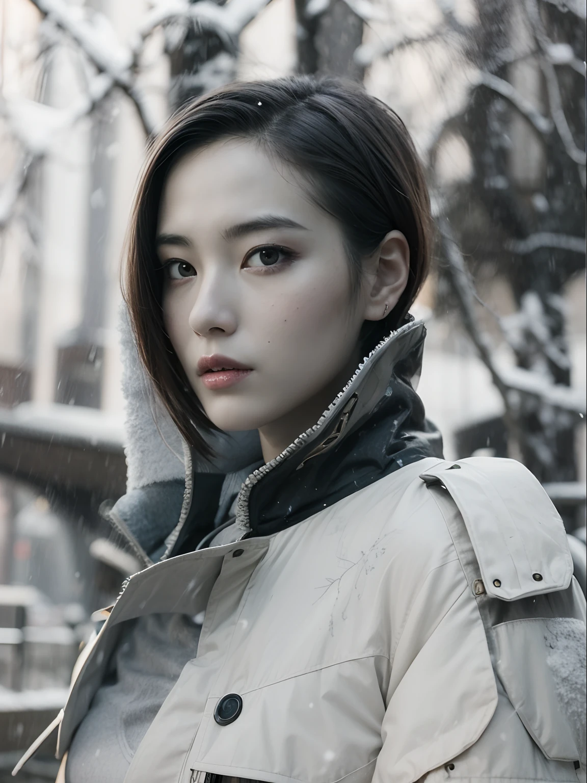 (Best quality, 8k, 32k, Masterpiece, UHD:1.2), Photo of Pretty Japanese woman, medium size breasts, bob hairstyle, sexy girl, snowing, dramatic lighting