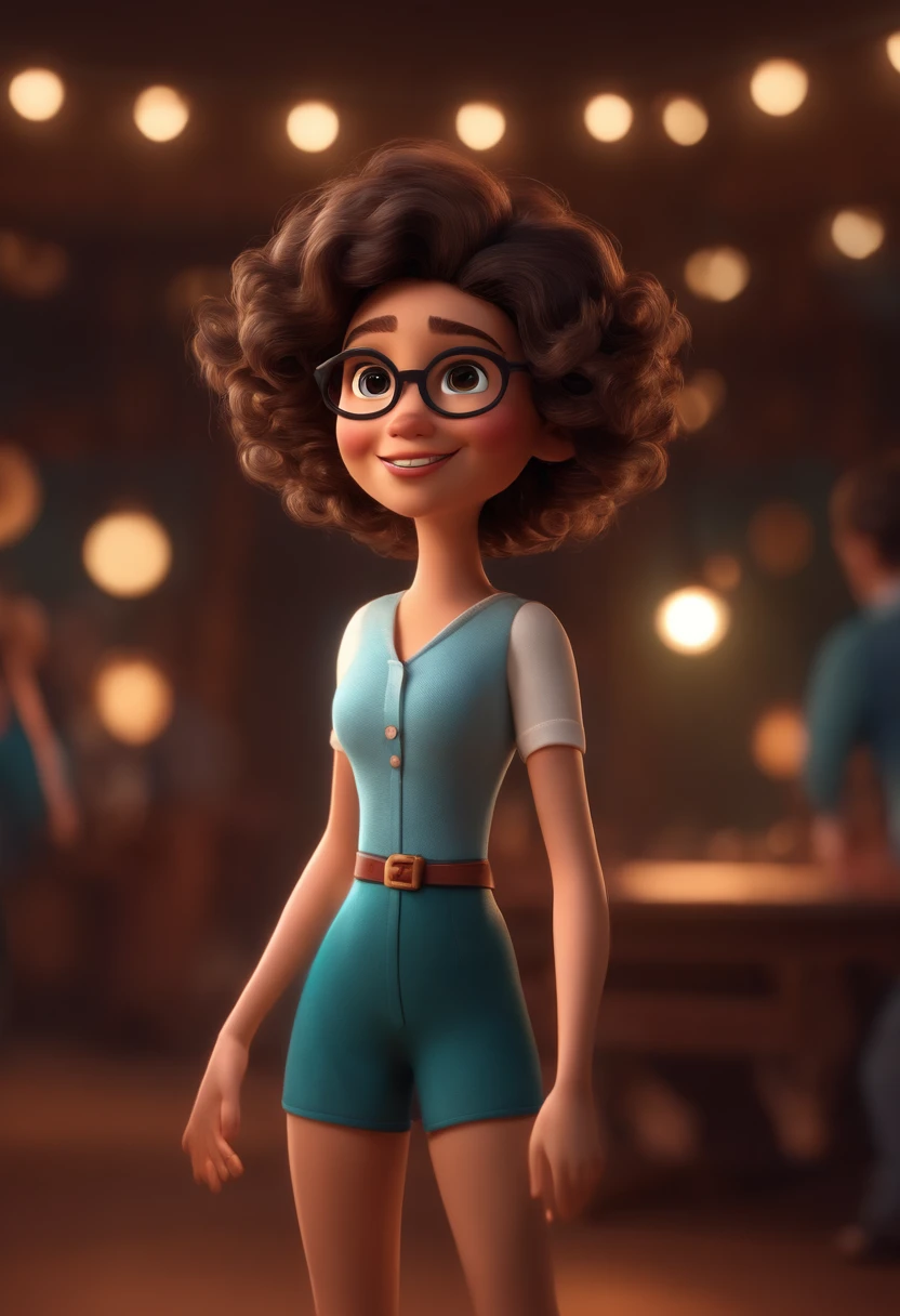 Pixar style image with 3D character white glasses brunette woman short curly hair dancing, Maquiagem Disney,Pescador, bonitinho, sorridente ,Close-up, Pixar, Disney, Cinema lighting,
