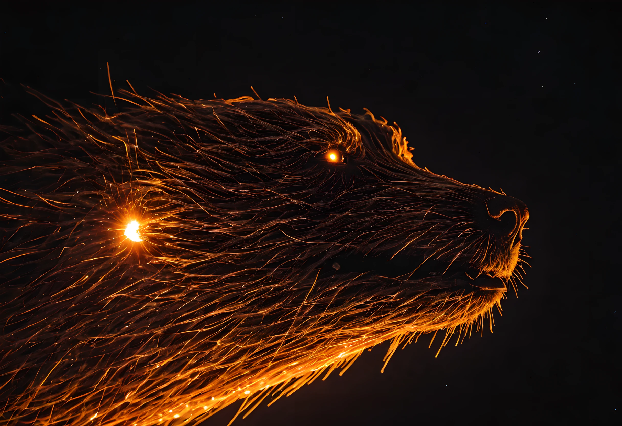 Photography featuring a close-up of a meteor, intricately shaped like a dog's head, hurtling through the night sky. The meteor's surface glistens with a fiery glow, revealing its celestial origins. The photograph is captured from a high angle, showcasing the intricate details of the meteor's canine features. The lighting is dramatic, with the meteor casting an otherworldly illumination on its surroundings. This visually striking image combines the beauty of the cosmos with a playful twist, capturing the imagination of viewers