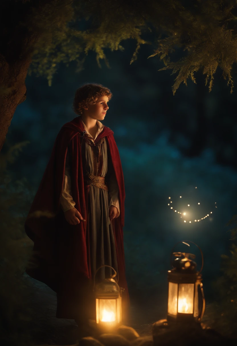 (best quality,4k,8k,highres,masterpiece:1.2),ultra-detailed,(realistic,photorealistic,photo-realistic:1.37),fantasia,powerful magic,realistic wizard boy,painting,canvas,historical setting,magical cape,enchanted staff,ancient spellbook,detailed robe,starry night,nighttime landscape,dreamlike atmosphere,vibrant colors,dimly lit,soft glowing lights,majestic castle silhouette, magical elements,sparkling fireflies,mystical glowing orbs,whimsical background,magical aura,spell casting,magic particles,expressive face,mesmerizing eyes,curly hair shining in the moonlight,graceful pose,focused and determined,casting a spell,aura of power,transcendent experience,surrounded by nature,beautiful forest,majestic trees,twinkling stars in the sky,peaceful serenity,quietness of the night,transcending reality,dreamy and mystical,transporting viewers to an enchanting world
