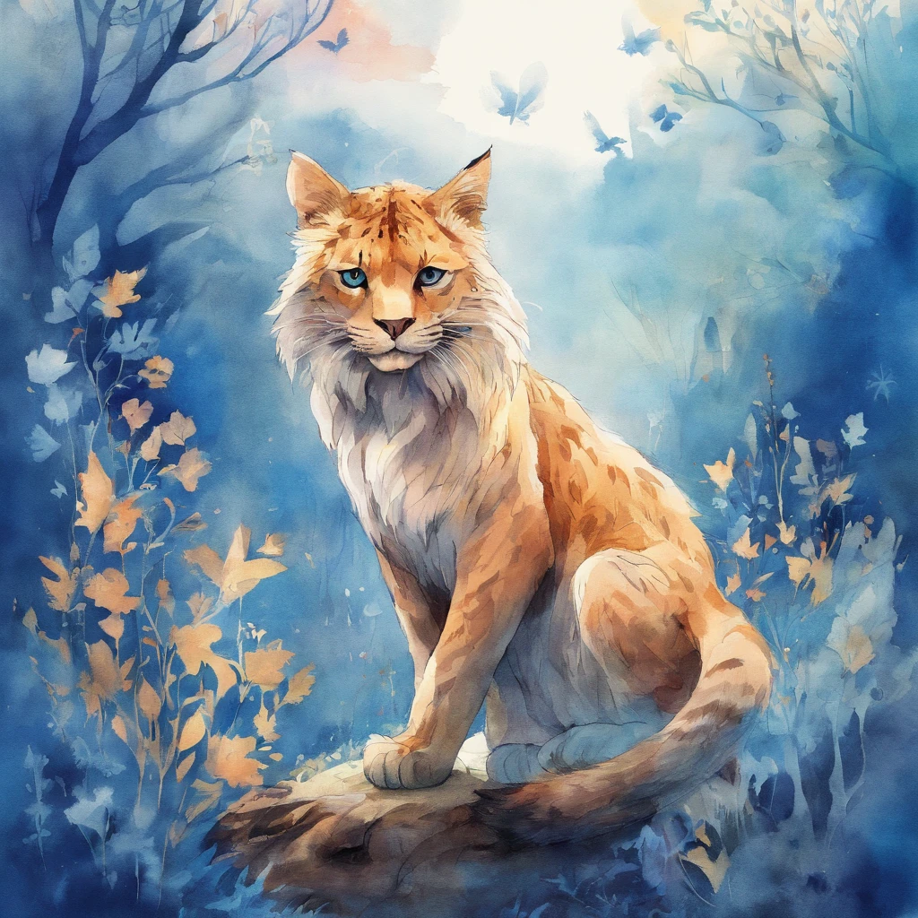 view full body A big cat with a wide split mouth and open Fantastic atmosphere Picture book illustrations watercolor paiting Overall, the color is strong blue