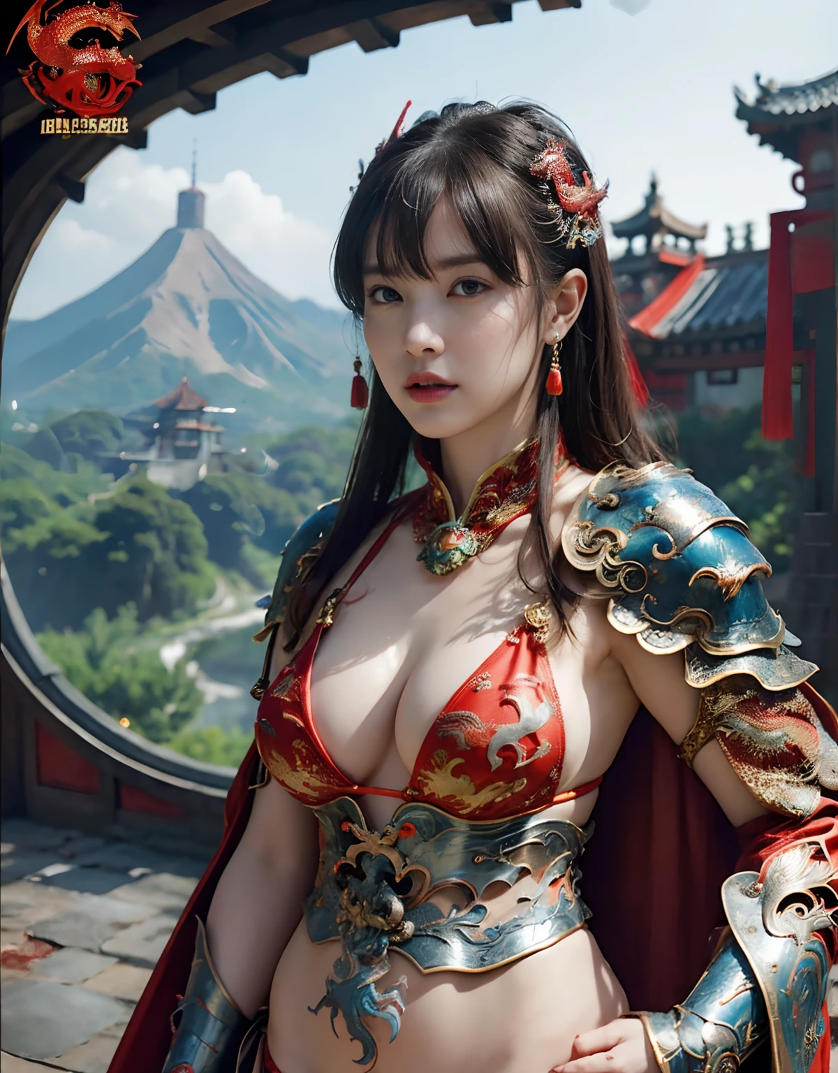 top-quality、​masterpiece、超A high resolution、(Photorealsitic:1.4)、Raw photo、女の子1人、(((Chinese dragon background))),（Armor with beautiful patterns in every detail）、(((heavy breasts))),glowy skin、(((Cliff background、Large mountain ranges、falls))))、(Random hair),(((Detailed Micro Bikini Armor)))、Fight with beautiful swords and shields、(((Mystical expression))),(((glowy skin))),（Gorgeous blue rubber body）),（Fighting strong enemies）、(Background of decaying dungeon ruins)、（Ultimate Beauty）)、(Full Body Angle)、((super realistic details))、portlate),globalillumination、Shadow、octan render、8K、ultrasharp、Colossal tits、Raw skin is exposed in cleavage、Details of complex ornaments、Japan details、highly intricate detail、Realistic light、(Mystical expression),CGSoation Trends、Red Eyes、radiant eyes、Facing the camera)、Toostock、Ultimate Beauty、Detailed sword）、(((dragon background))),
