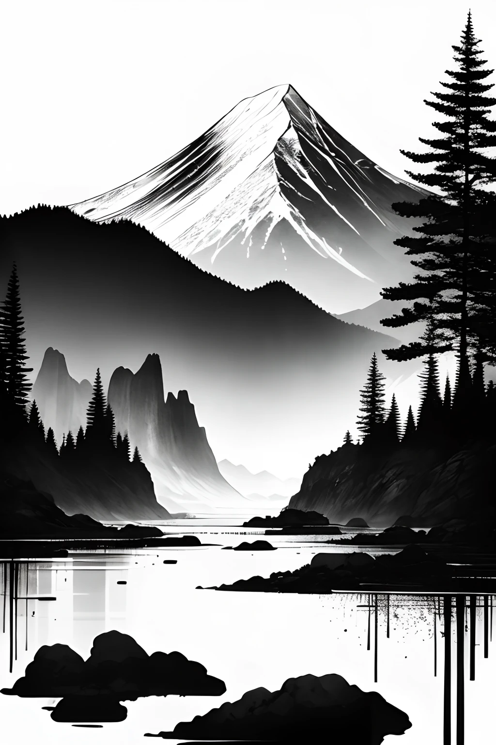 white background, scenery, ink, mountains, water, trees