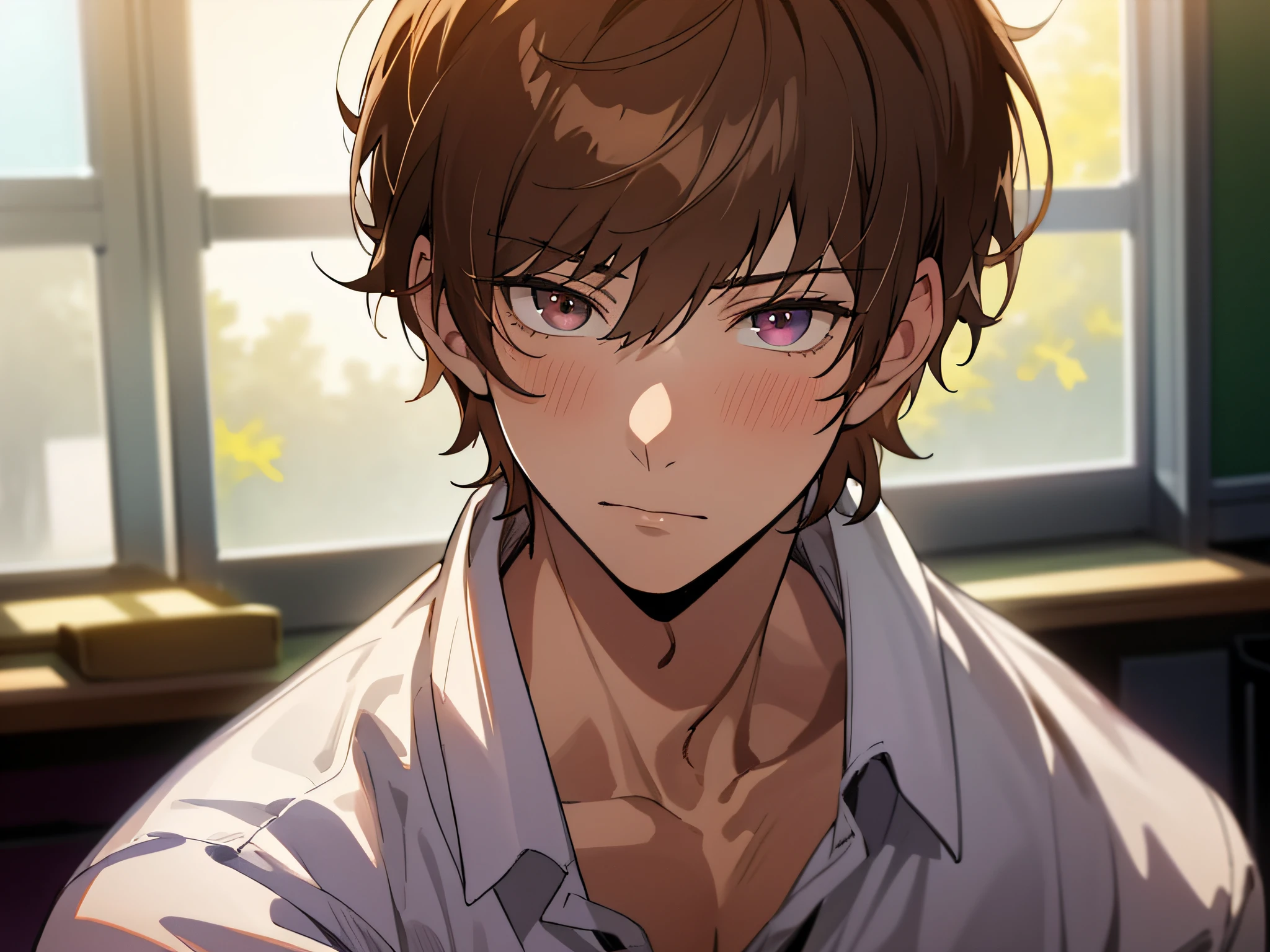 ((((Solo)))),24-year-old boy, Warm skin, Pupil purple, Hanging,sharp eye,,,Male Focus, Looking at Viewer, Upper body ,Brown hair, Short hair, Facial Focus,Adult, shirt, Best Quality, Facial details.,Classroom