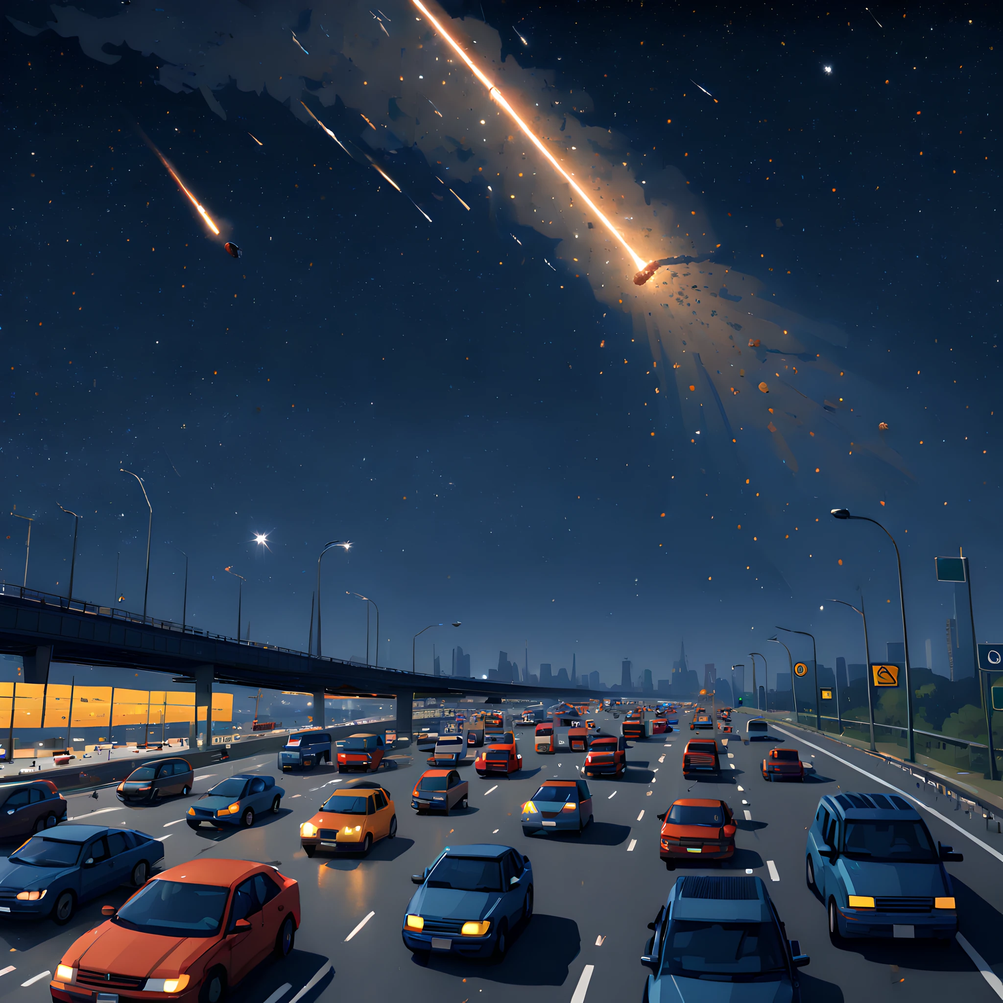 (Pixel art:1.5), (pixel theme:1.5), (fantasy:1.5), (meteor:1.5), (A meteorite passes over a car on the Metropolitan Expressway:1.5), (Metropolitan Expressway:1.5), (meteorite:1.5), (starry night sky:1.5),(A swarm of cars escaping from the capital:1.5), (congestion:1.5),