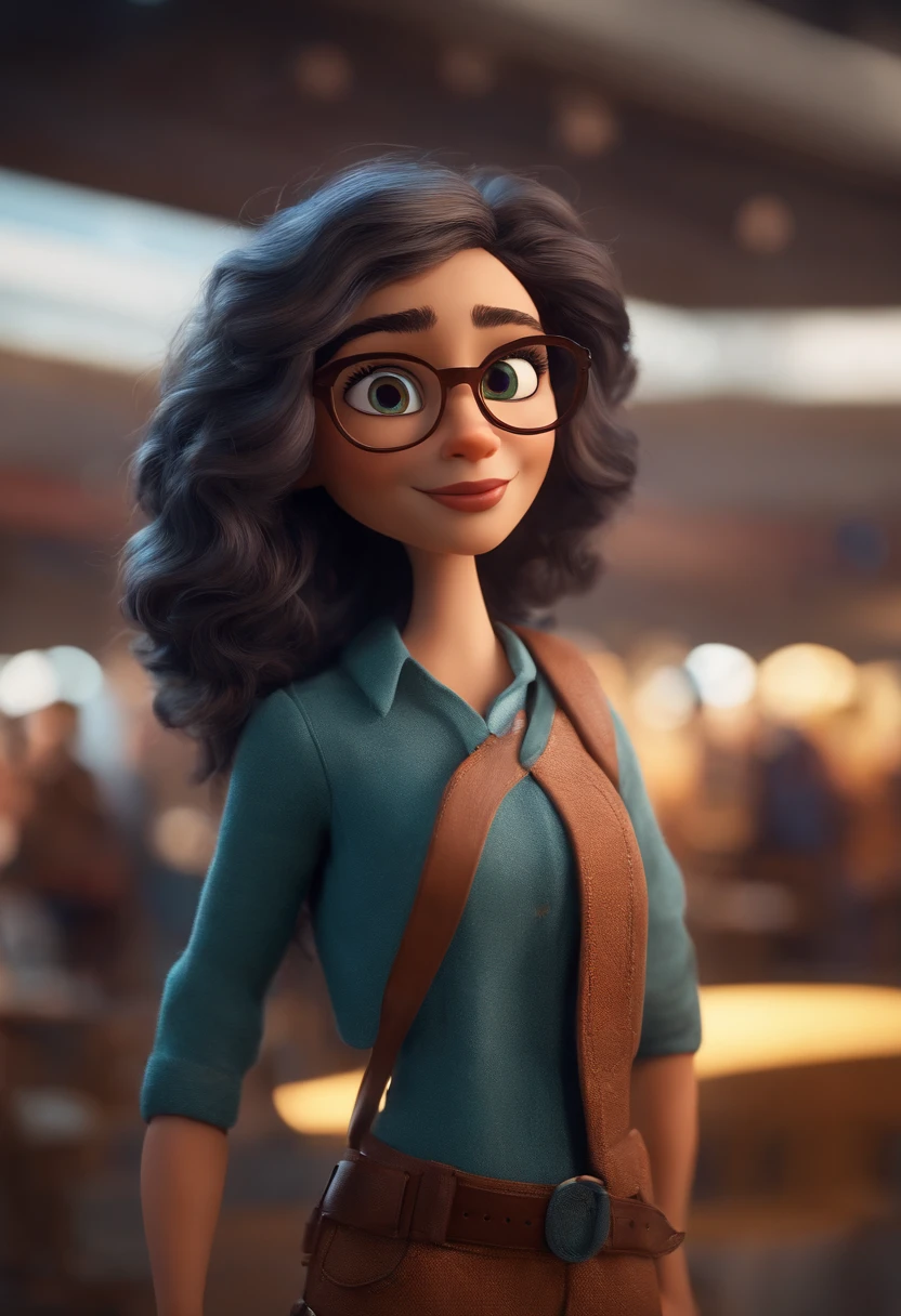 Imagem estilo Pixar com personagem 3D, mulher 35 anos, branca, cabelo castanho escuro no ombro, olhos castanhos, eyeglass