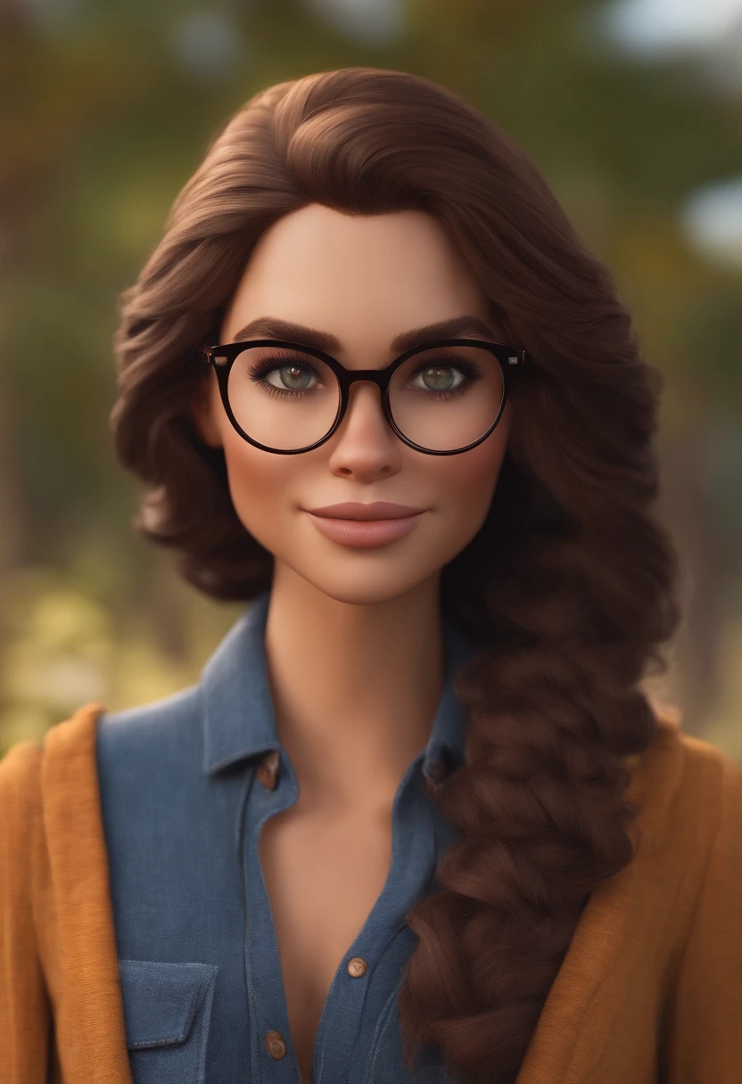 Imagem estilo Pixar com personagem 3D, mulher 35 anos, branca, cabelo castanho escuro no ombro, olhos castanhos, eyeglass