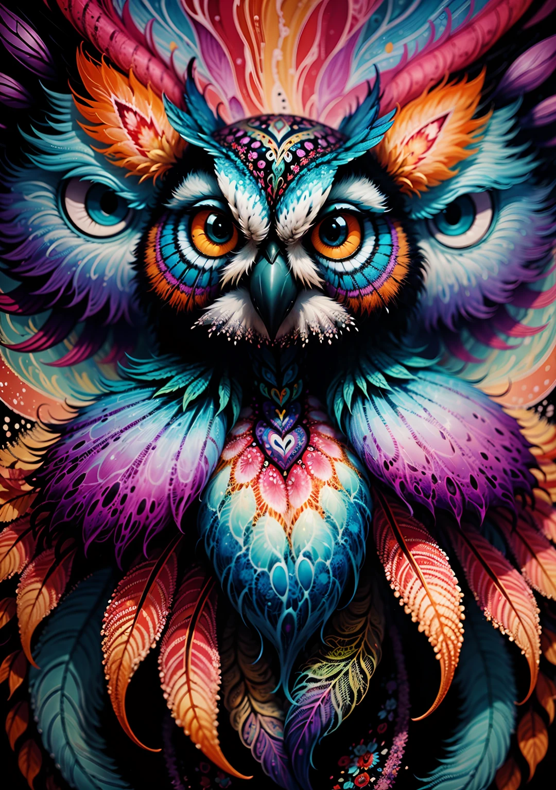 Featuring a captivating and vibrant psychedelic owl painting. The art of the owl is exquisitely designed with vivid colors, intricate patterns and mesmerizing details. The painting is leaning against the back of the frame, creating a dynamic and casual display. The combination of the vertical frame and the psychedelic art of the owl add a touch of artistic fascination to any space.