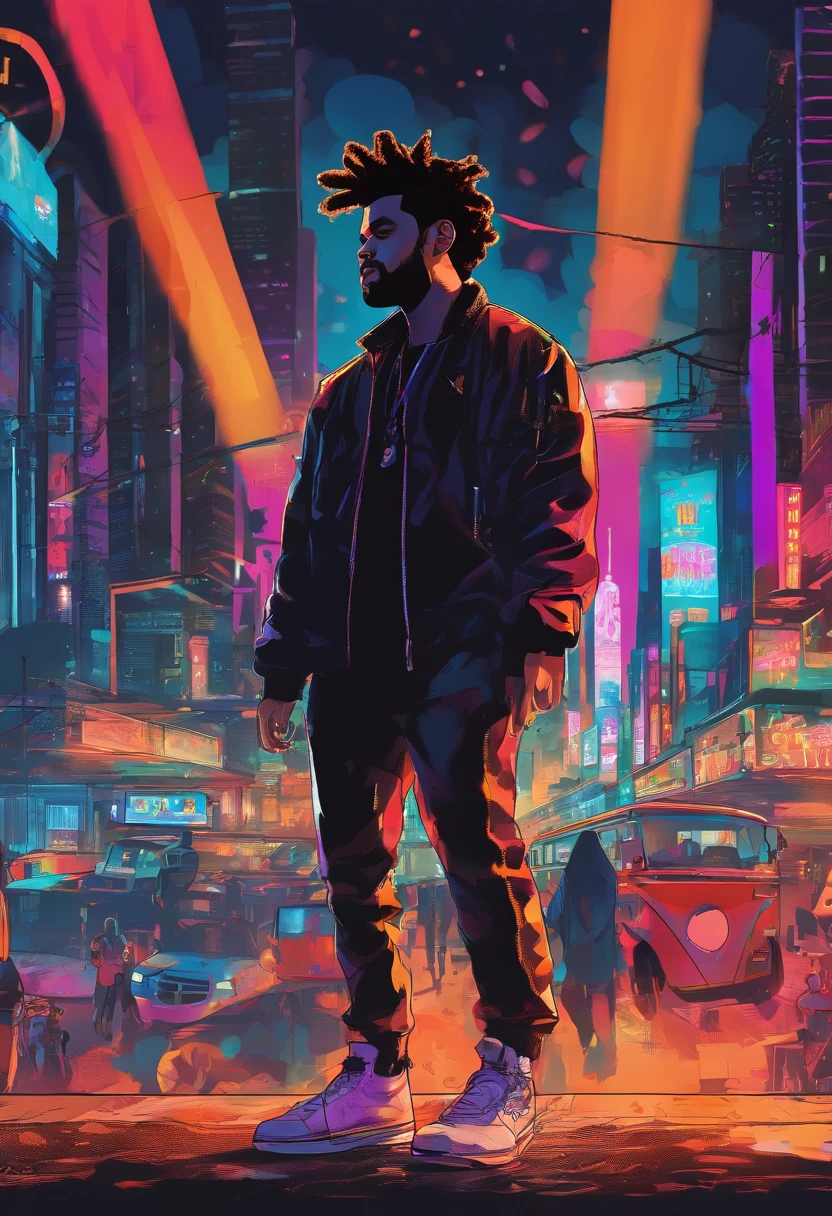 (The Weeknd),singing in (Hong Kong),[(neon-lit) streets] with (dazzling) lights,[(vibrant) city vibes](,and) (booming) music. [(Crowds) gather](,awaiting his performance),[(eager) fans](,screaming),(,and) [(high-energy) atmosphere]( fills the air). The Weeknd's (hauntingly soulful) voice resonates, [(captivating) everyone's attention](,and) [(setting) the mood for an unforgettable night]. The stage is adorned with (elaborate) visuals,(projecting) a mix of (abstract) art and (cityscape) images. Spectators are immersed in a (mesmerizing) blend of [sharp contrasts] and [(vivid) colors], making the experience [(visually stunning)]. [(Enthusiastic) dancers] join The Weeknd, adding [(dynamic) movements] to the performance. As the night progresses, the energy intensifies, creating a [(captivating) spectacle] that leaves the audience [(spellbound)]. [(Best quality,4k,8k,highres,masterpiece:1.2)], [(ultra-detailed)], [(realistic,photorealistic,photo-realistic:1.37)] visuals bring the scene to life, showcasing the artist's talent and [(evoking) a sense of wonder]. The Weeknd's unique style and stage presence ((highlighted) by professional lighting) make this concert a [(memorable) event].