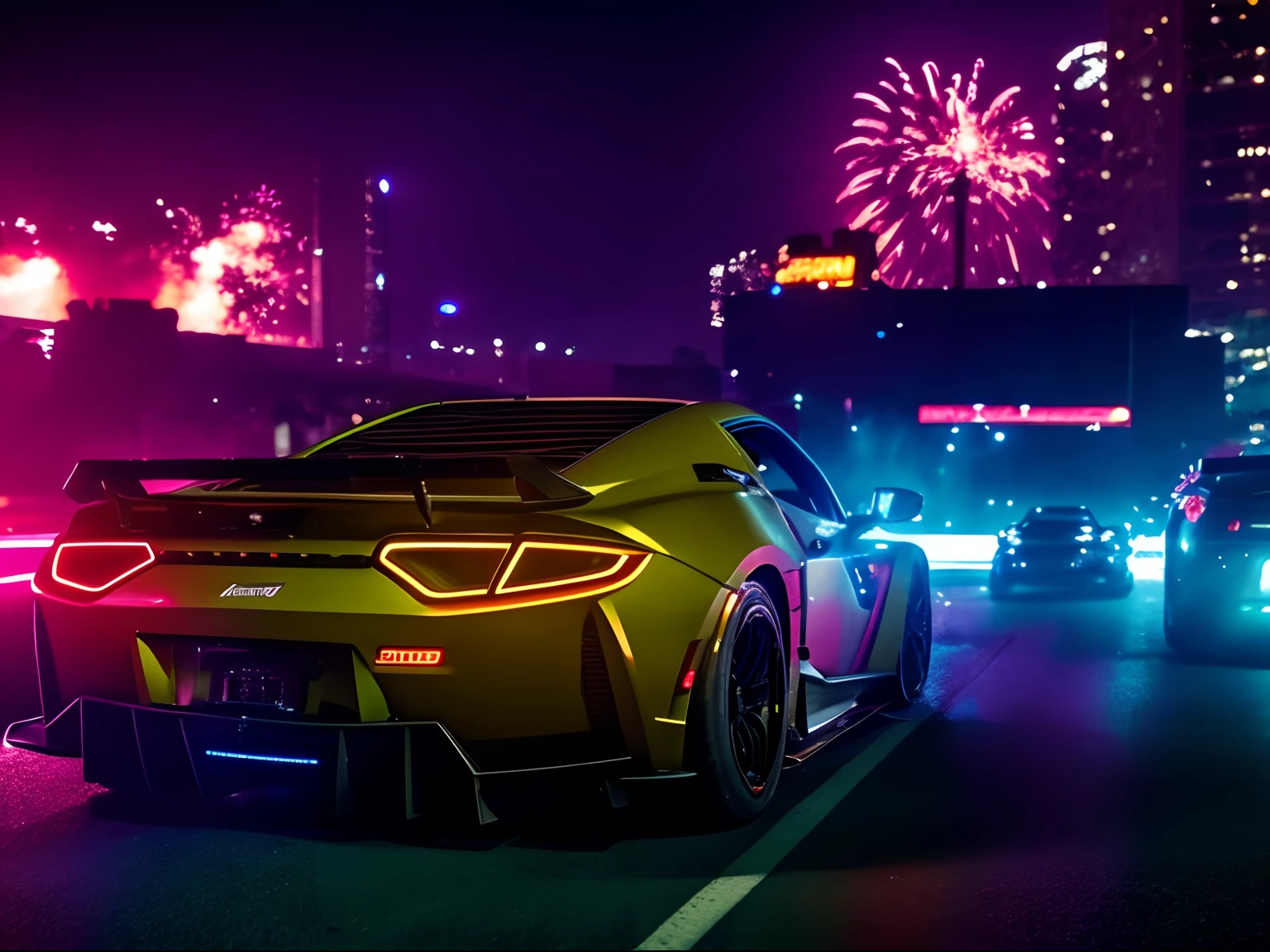 Film still action movie, supercars high speed chase in Los Angeles at night, and explosions ocurring, resulting in crashes and explosions, low angle, neon lights, dynamic movement, low saturated color, taked by Arri Alexa 65, directed by Michael Bay, style raw