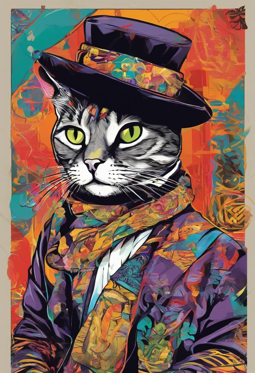 A painting of a cat wearing a black hat and scarf，Popular em Art Stations，vestindo um terno preto，detailed hyper-realistic rendering，British gang members，estilo de rua，pose intimidadora，planeta dos gatos，roupas elegantes，urbansamurai，Mewtwo，West Slavic features，8 1 5，animar