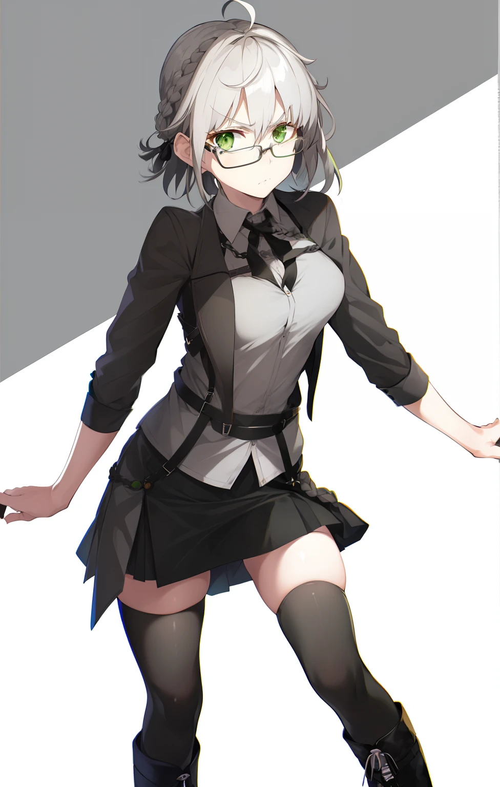 1girl, solo, gray hair, braided, green eyes, white shirt, harness, black skirt, black stocking, black boots, unamused face, glasses, high resolution, fixed face