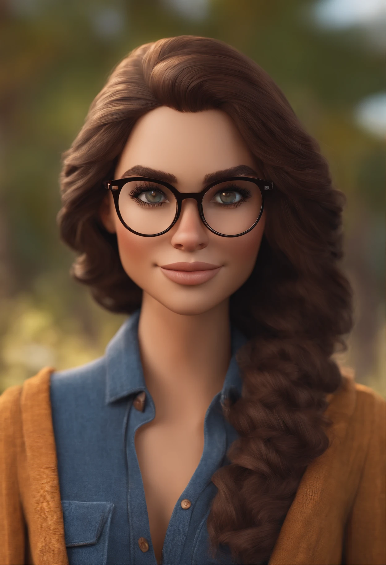 Imagem estilo Pixar com personagem 3D, mulher 35 anos, branca, cabelo castanho escuro no ombro, olhos castanhos, eyeglass