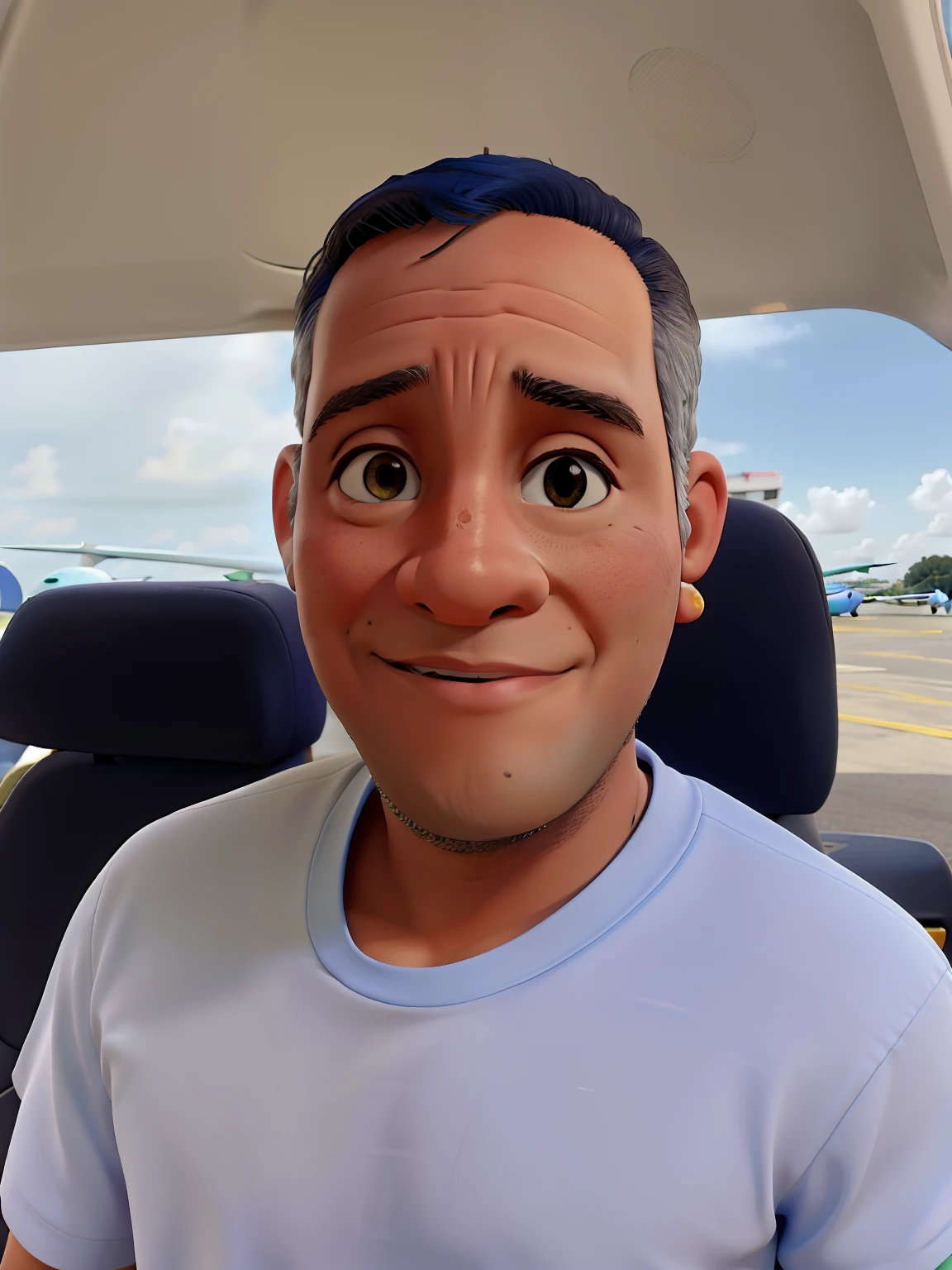 Menino parfa com 6 anos de idade, em frente a um aeroporto, com camiseta do brasil e shorts azul e chinelo