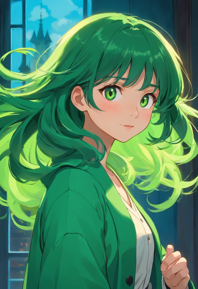 (((Long dark green curls))),((((gold eyes)))),White coat,Black shirt,Beutiful women,(misseve),(Boys and women),Fine fine skin,exquisite facial features,Volumetriclighting,Ray traching,Light effect,Comic storyboard,,8K,perfectly shaded,A high resolution,,hyper HD,Ultra photo realsisim,Detailed details