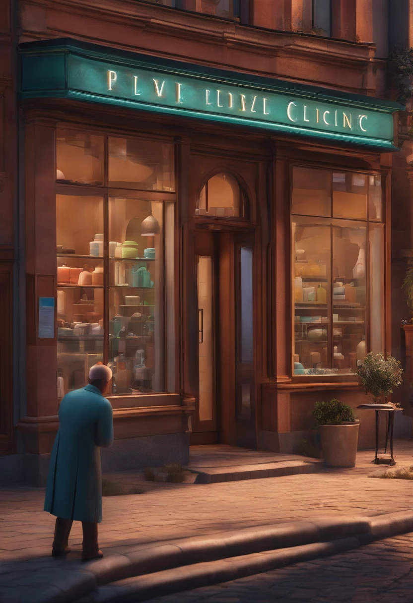 Pixar 3D-style drawing of a slimming clinic in the city center with a character in the foreground