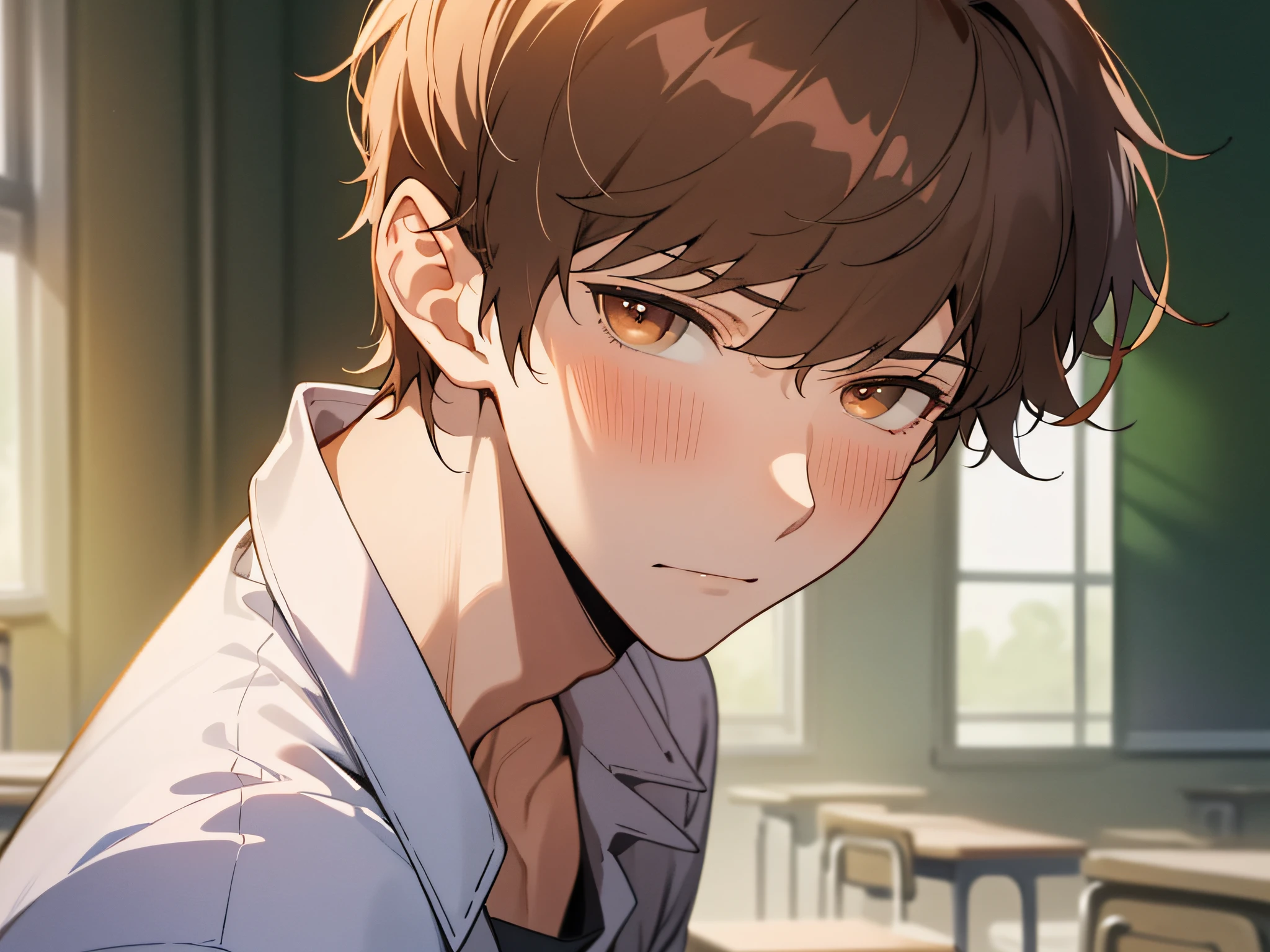 ((((Solo)))),24-year-old boy, Warm skin, Pupil purple, Hanging,sharp eye,,,Male Focus, Looking at Viewer, Upper body ,Brown hair, Short hair, Facial Focus,Adult, shirt, Best Quality, Facial details.,‎Classroom