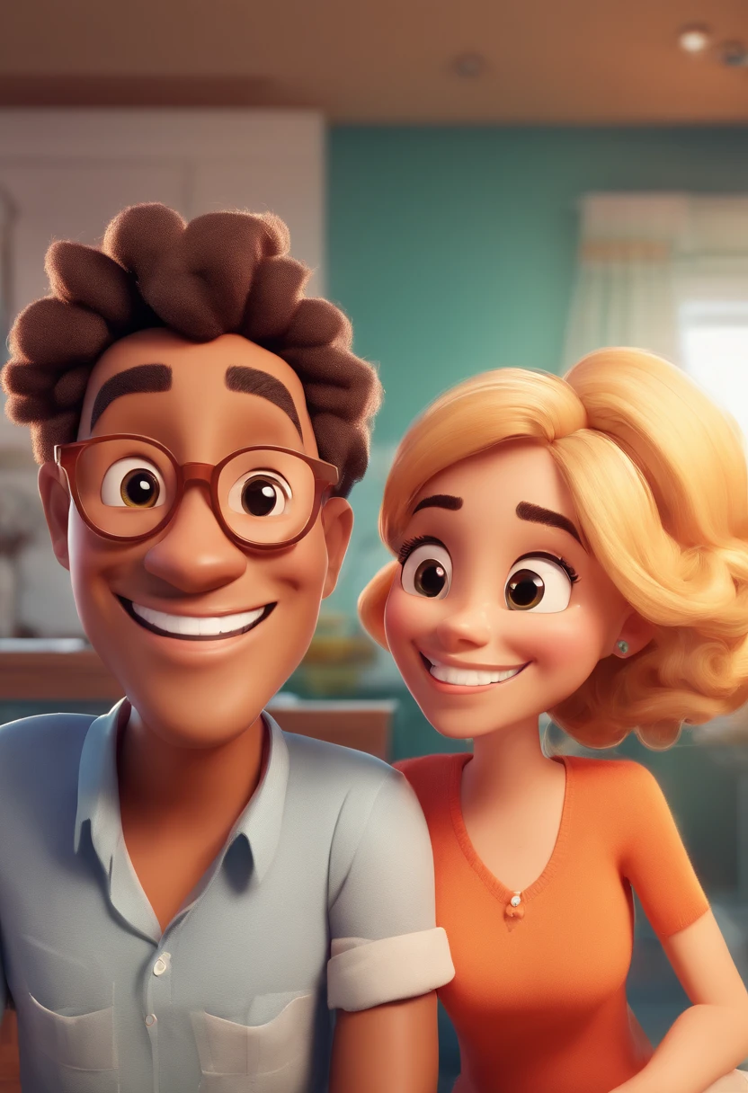 An illustration of an adorable couple, Highlight for a chubby mulatto man with glasses smiling and a blonde woman with beautiful expressive eyes - the man's skin is mulatto and the man's hair is biaxo the woman's skin is light and the woman's hair is straight and blonde. They are a bright room, cada um com um sorriso no rosto, e compartilhar um momento especial caracterizado pelo amor, Insights. Illustrate this scene from a perspective where they are facing the camera, Smiling and Showing Your Connection. Desenvolva esta arte em Full HD, Focus on your cinematic touch, Estilo Disney Pixar Animations