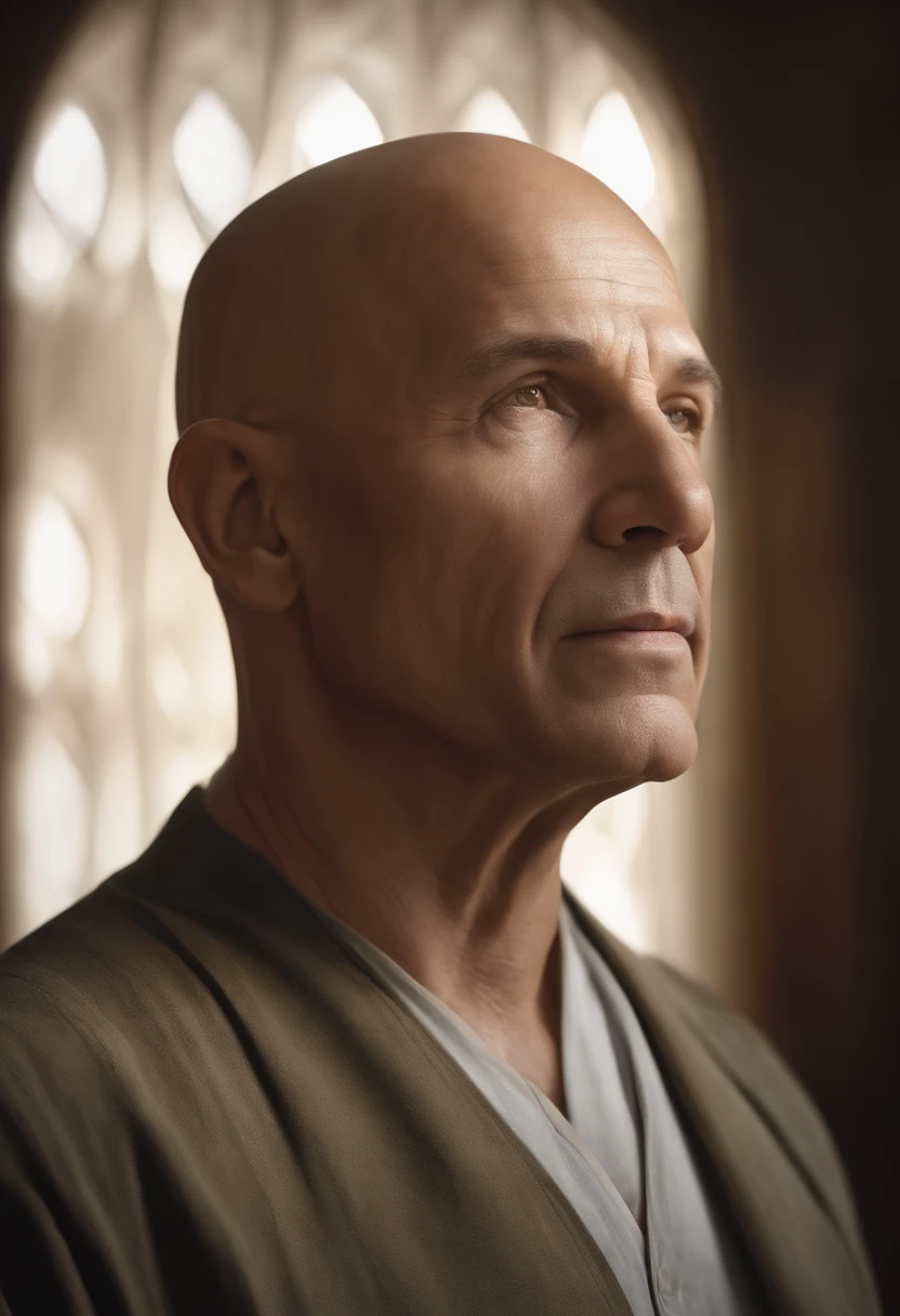 Create a portrait of a bald, wise, and enlightened man with a hyper-realistic likeness. The man is depicted in a front-facing position, showcasing his serene and contemplative demeanor. Every detail of his face is captured with astonishing realism, from the texture of his smooth scalp to the lines and wrinkles that speak of a life lived with wisdom. The lighting emphasizes the depth and character of his features, casting subtle shadows that add depth to the portrait. Use your artistic skills and imagination to bring this portrait to life, capturing the essence of his profound wisdom and tranquil presence.