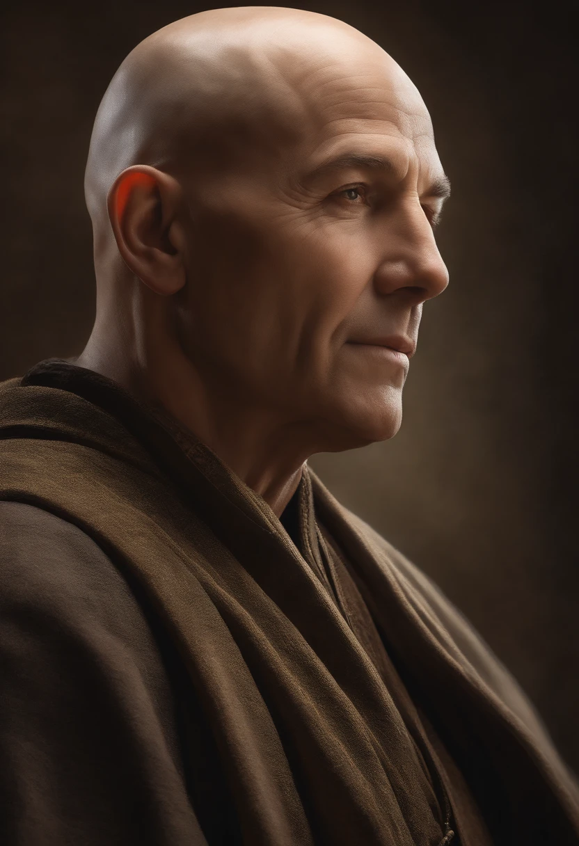 Create a portrait of a bald, wise, and enlightened man with a hyper-realistic likeness. The man is depicted in a front-facing position, showcasing his serene and contemplative demeanor. Every detail of his face is captured with astonishing realism, from the texture of his smooth scalp to the lines and wrinkles that speak of a life lived with wisdom. The lighting emphasizes the depth and character of his features, casting subtle shadows that add depth to the portrait. Use your artistic skills and imagination to bring this portrait to life, capturing the essence of his profound wisdom and tranquil presence.