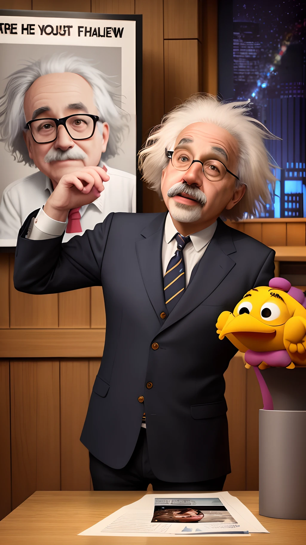 Crie um poster 3d estilo Disney Pixar com Albert Einstein como entrevistado em um talkshow. Mostre Einstein o sendo entrevistado por Jimmy Fallon em The Tonight Show. Alta qualidade, maior qualidade