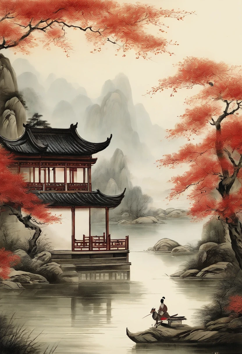 Chinese,Chinese landscape,Traditional Chinese painting,Ancient rhyme Jiangnan,Yamakawa,Cypress,Pavilions,Leave white space,elegant