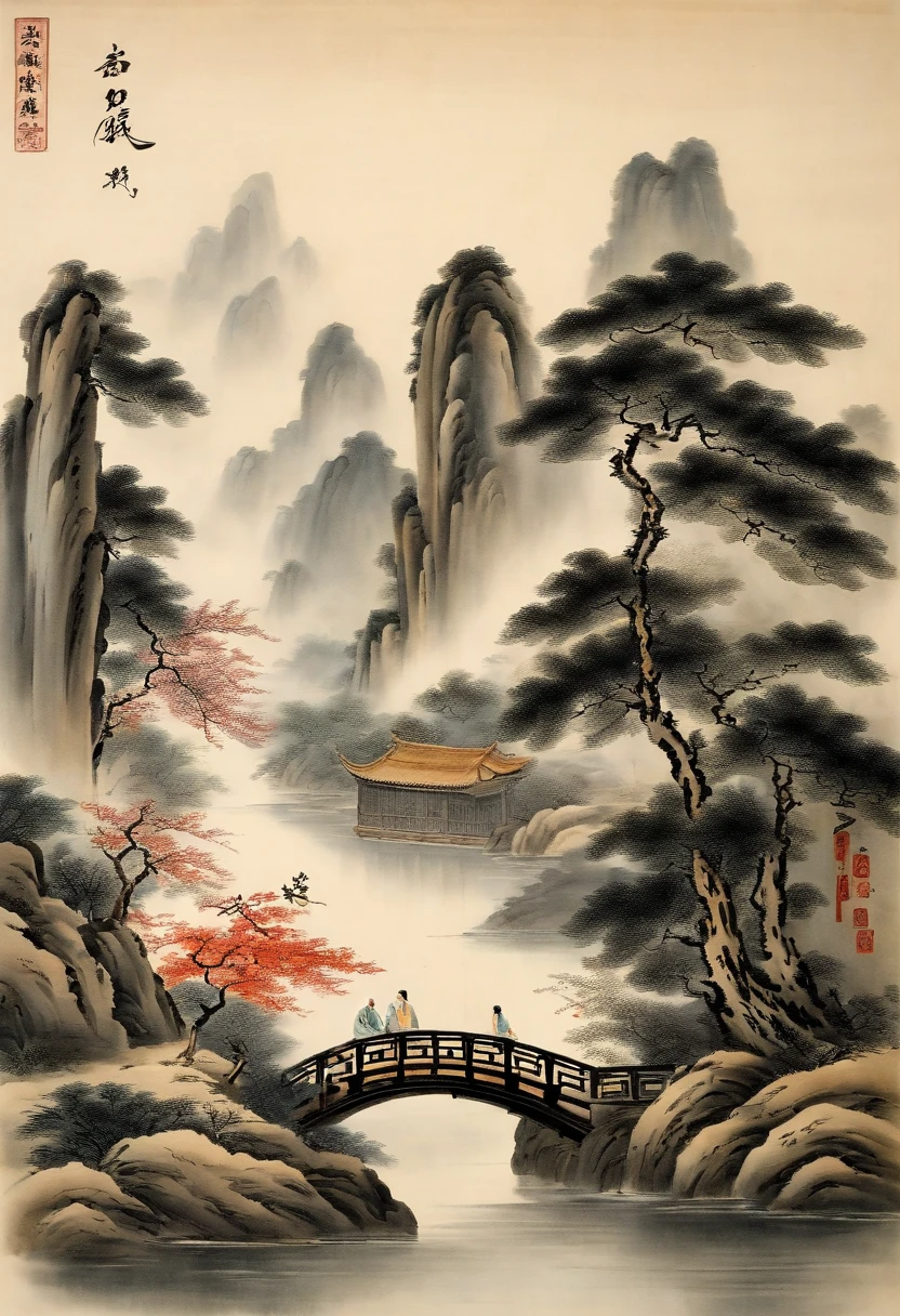 Chinese,Chinese landscape,Traditional Chinese painting,Ancient rhyme Jiangnan,Yamakawa,Cypress,Pavilions,Leave white space,elegant