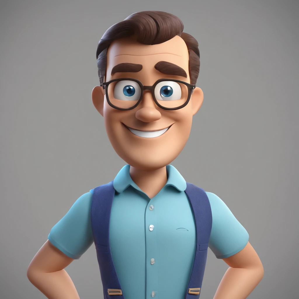 Criar um personagem no estilo Pixar. Trata-se de um homem de 30 anos, com barba, negro, sem cabel, e olhos castanhos. Ele deve estar na frente de um computador, Trabalhar como designer