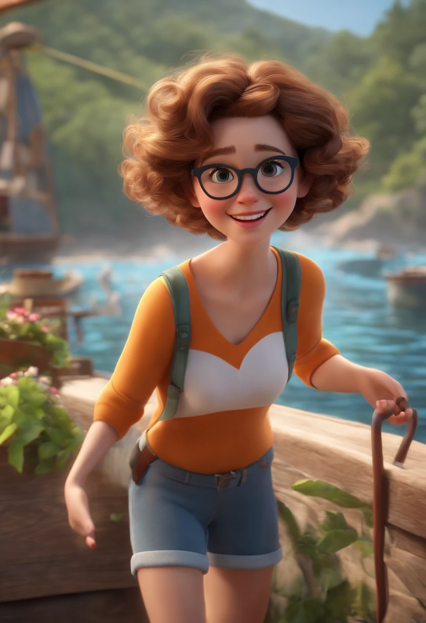 young brunette woman with glasses shipwrecked fishing on a raft very worried and sad