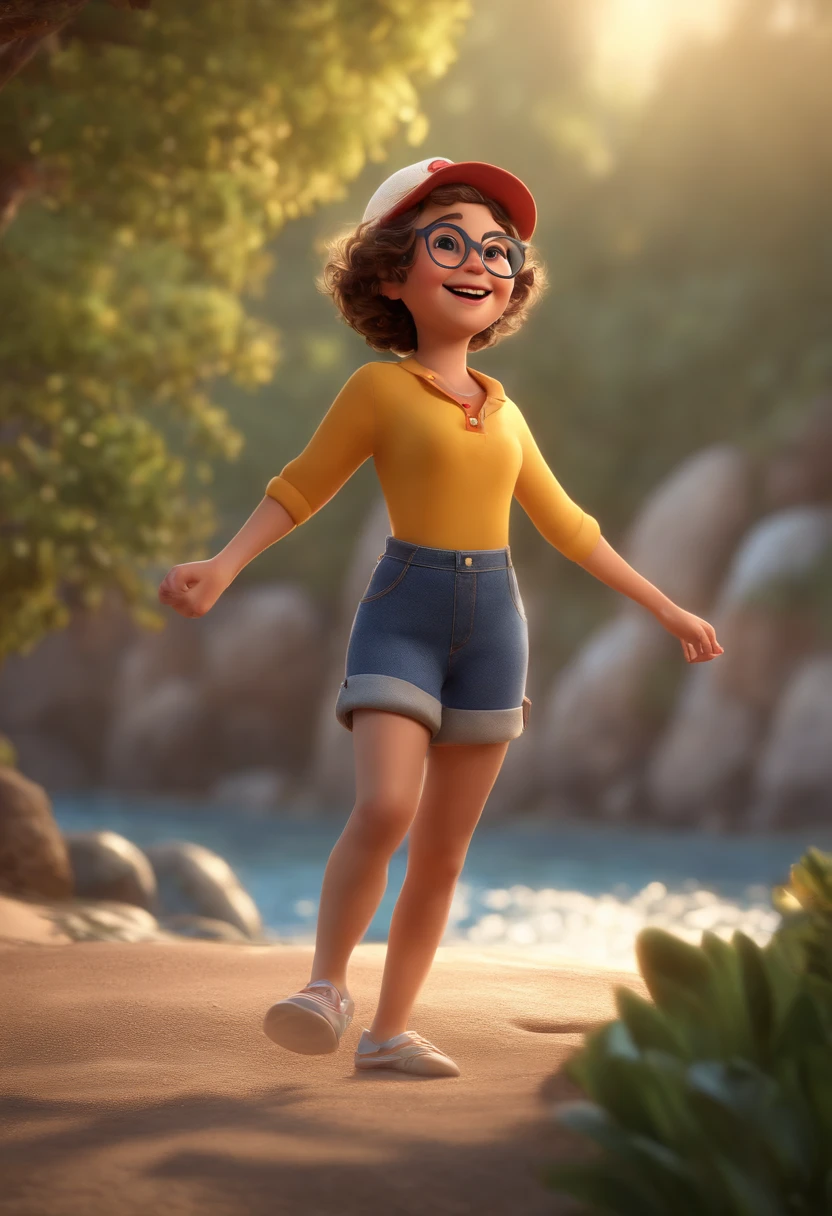 (best quality,highres,masterpiece:1.2),ultra-detailed,(realistic:1.37),3D rendering,girl with white glasses,short curly hair,dancing(energetic expression),Disney makeup,smiling cutely,fisherman,pixar style,close-up shot,Disney,Pixar,cinematic lighting