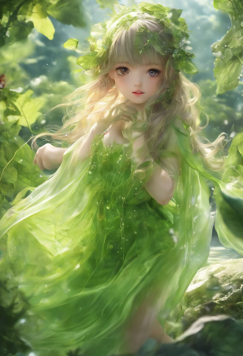 (Masterpiece, Best quality, Ultra-detailed, Best Illustration:1.3), 1 Little Fairy, (Slime girl:1.3),(See-through:1.6),flight,Green wind ，Silk fabric，(refractions,Reflection:1.1) ,  Transparent skin, sunshine day，Background Meadow