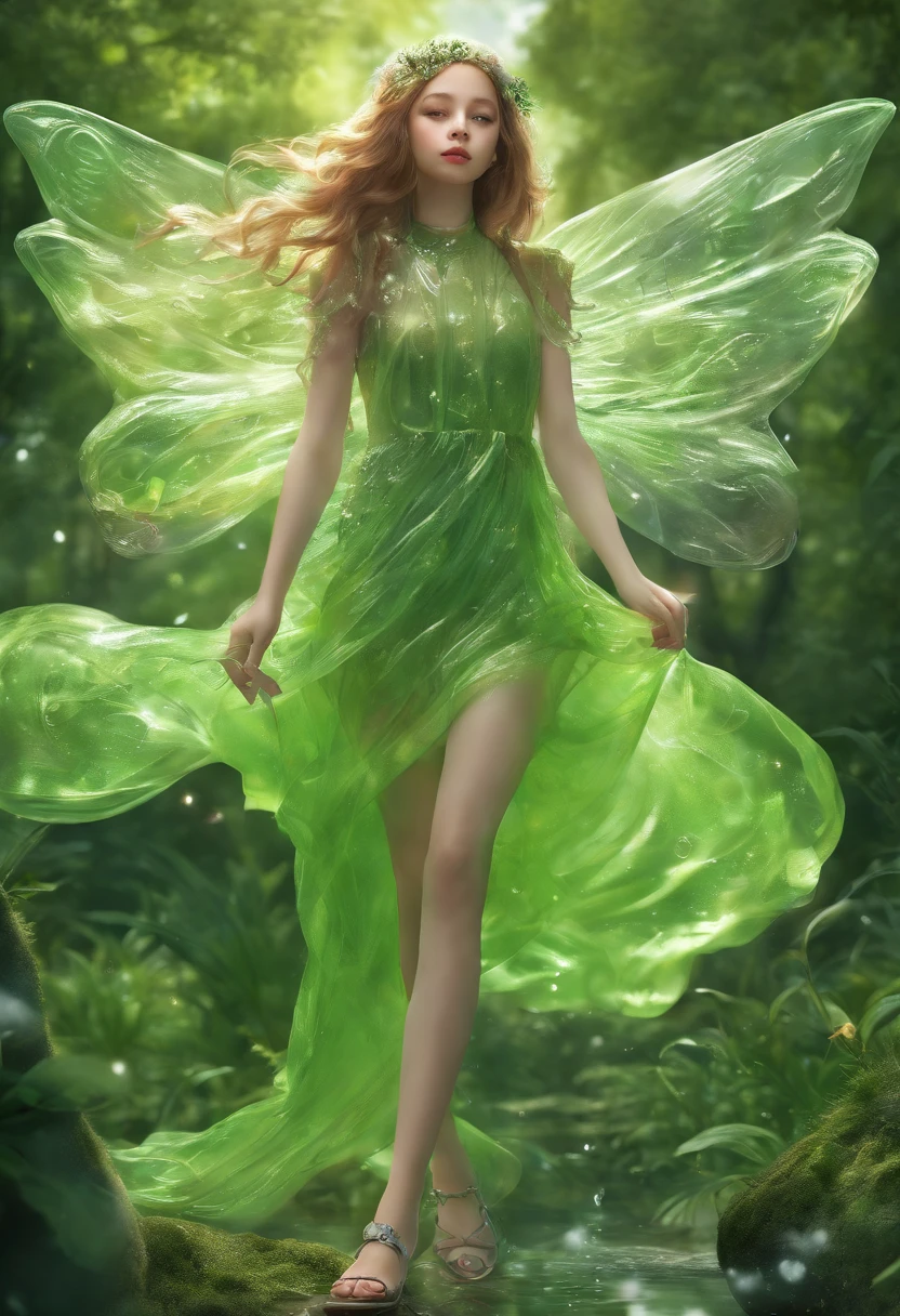(Masterpiece, Best quality, Ultra-detailed, Best Illustration:1.3), 1 Little Fairy, (Slime girl:1.3),(See-through:1.6),flight,Green wind ,Silk fabric,(refractions,Reflection:1.1) , Transparent skin, sunshine day,Background Meadow