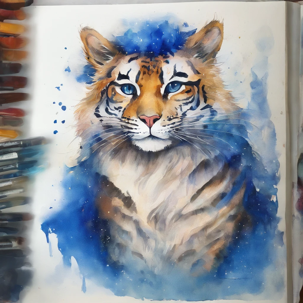 Looking at the whole body A big cat with a wide gap up to its cheeks showing the inside of its open mouth A fantastic atmosphere Picture book illustration Watercolor painting The overall color is strong blue