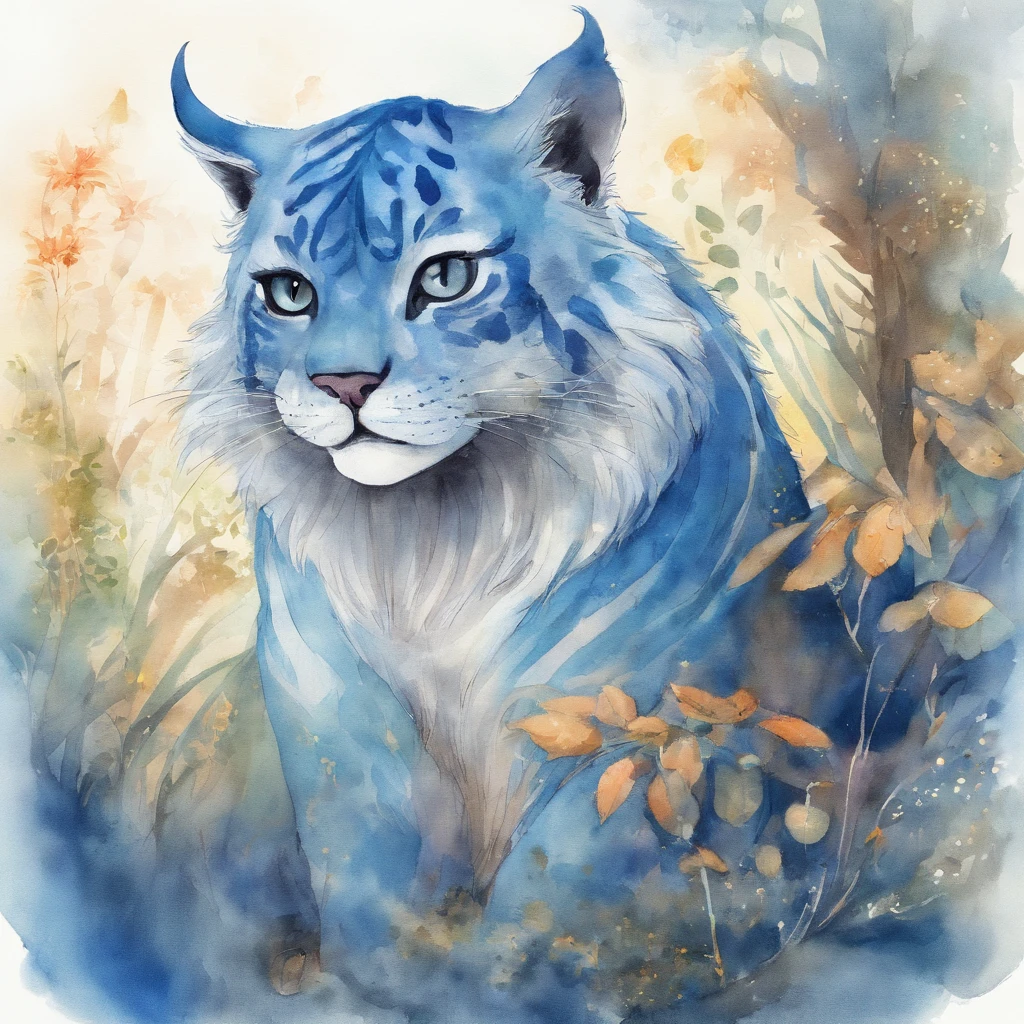 Looking at the whole body A big cat with a wide gap up to its cheeks showing the inside of its open mouth A fantastic atmosphere Picture book illustration Watercolor painting The overall color is strong blue