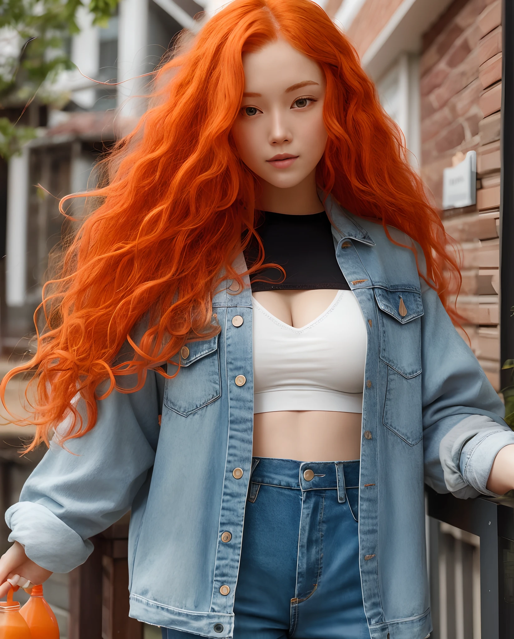 a close up of a woman with long red hair and a bra, flowing ginger hair, ginger wavy hair, orange skin and long fiery hair, long wavy orange hair, ginger hair, orange flowing hair, orange glowing hair, long orange hair, wavy big red hair, long ginger hair, orange hair, curly copper colored hair, wild ginger hair, medium long wavy ginger hair, casual wear