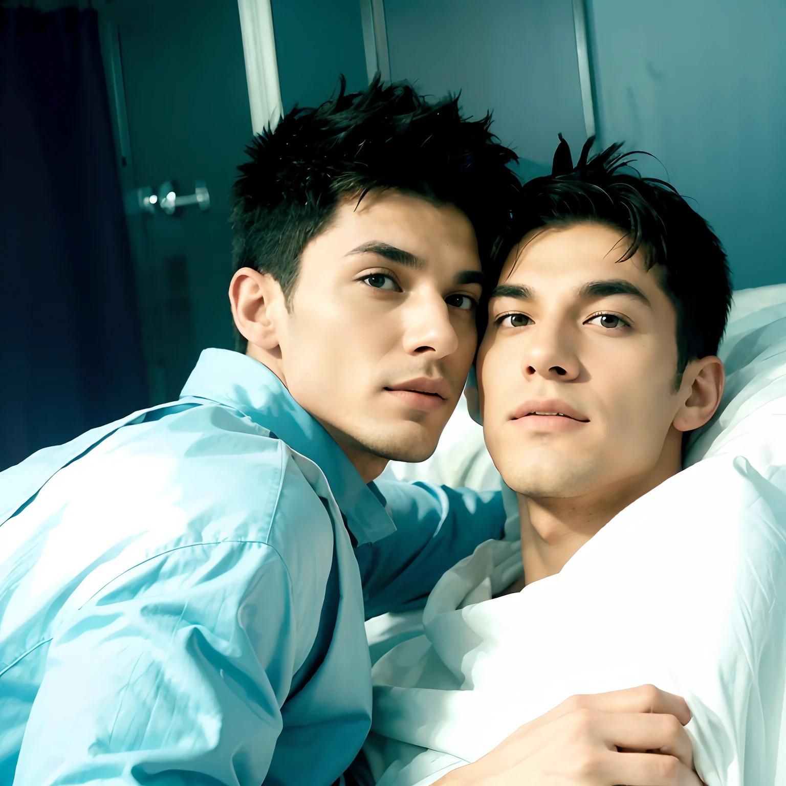 best qualtiy，（realisticlying：1.4）， tmasterpiece， Kodak Portra 400， white bed sheet，（Face focus：1.3），1boys ，white skinned，Show muscles， posing on a，sface focus，hugs