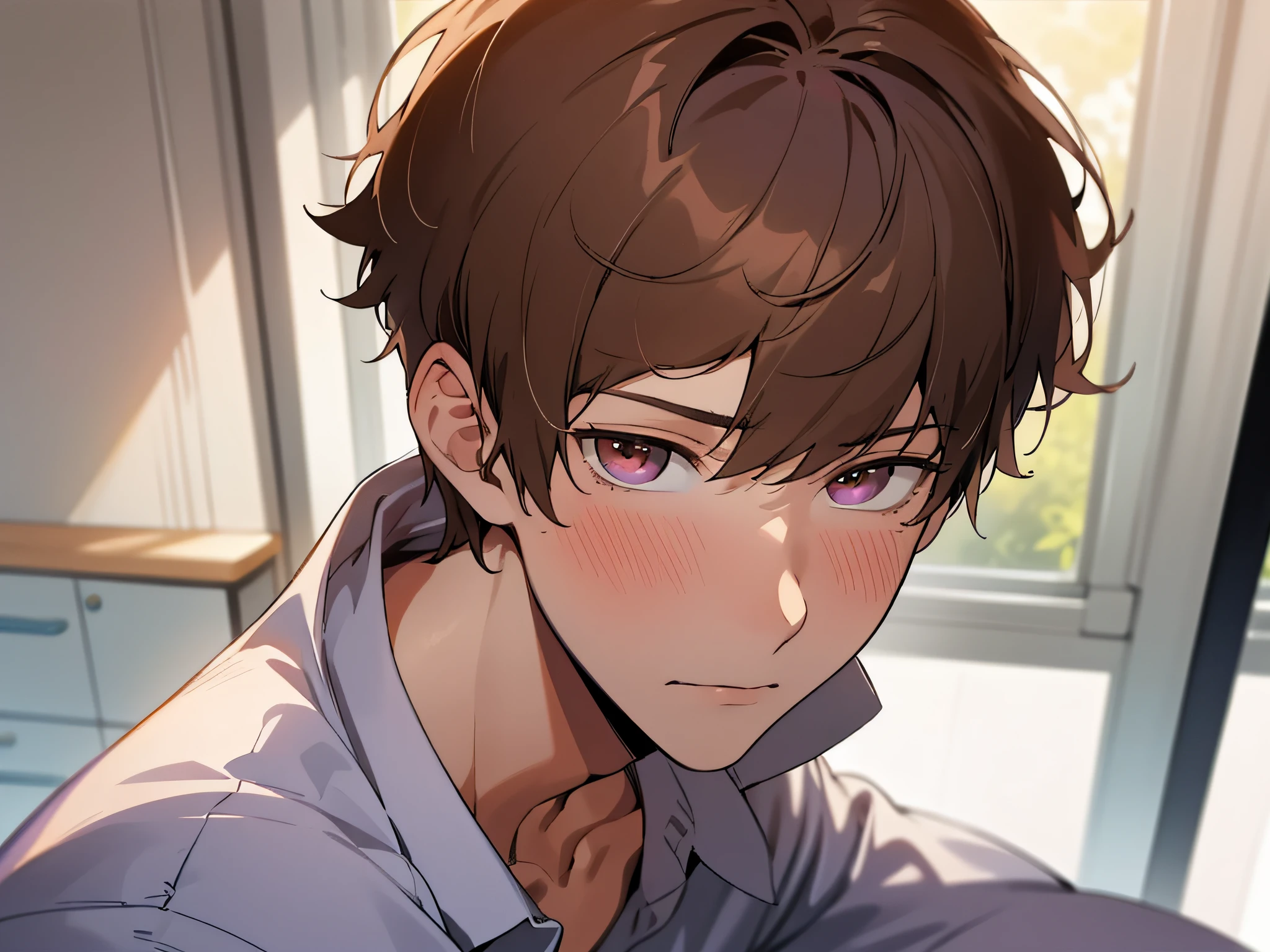 ((((Solo)))),24-year-old boy, Warm skin, Pupil purple, Hanging,sharp eye,,,Male Focus, Looking at Viewer, Upper body ,Brown hair, Short hair, Facial Focus,Adult, shirt, Best Quality, Facial details.,‎Classroom